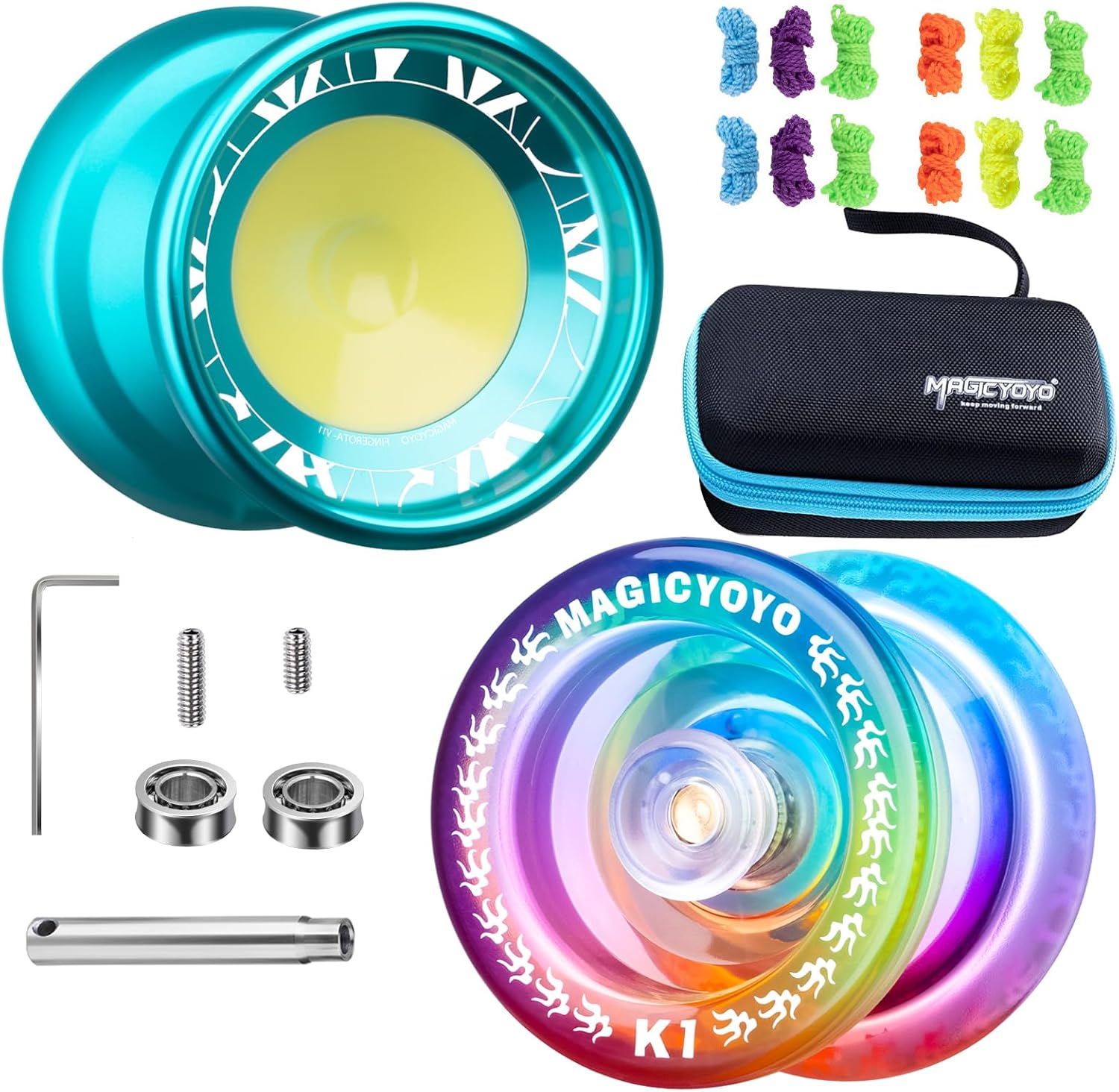 MAGICYOYO Responsive & Unresponsive Yo Yos for Kids Beginners & Intermediate Advanced PRP Dual Purpose Trick Yoyo with Bearing Kit + 12 Strings + Storage Bag(V11 Lake Blue + K1 Blue Pink Yellow)