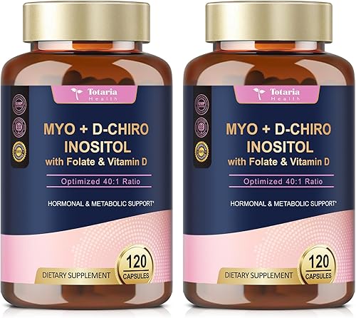 Totaria Suplemento de inositol para mujeres con vitamina D3, folato, proporción 401 mio-inositol y complejo D-quiro inositol, cápsulas de inositol