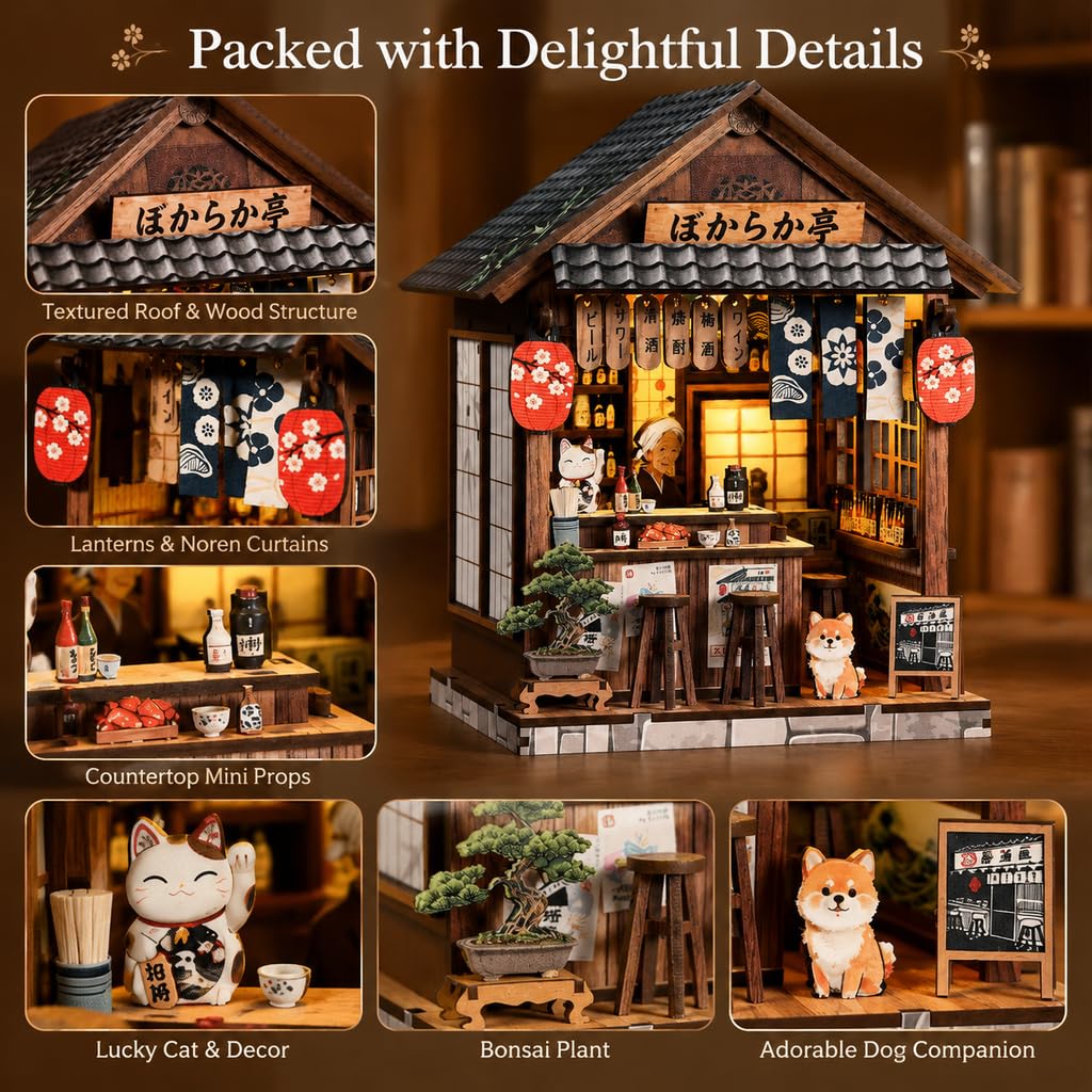 Miniaturowy zestaw do domu, domek dla lalek ze światłem LED, japoński miniaturowy model domów Izakaya, 1:24 drewniany dom "zrób to sam", miniaturowy dom dla dorosłych, japoński regał na książki