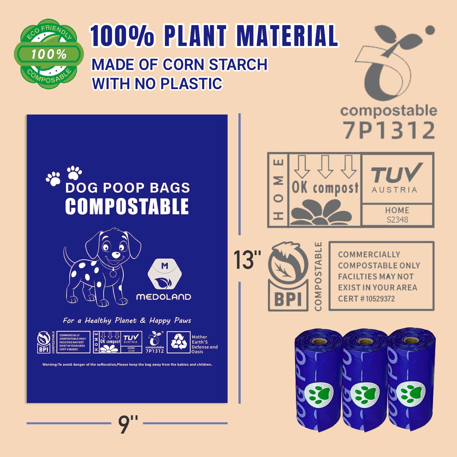 Sacchetti compostabili per escrementi di cani, certificati BPI, biodegradabili, a prova di perdite, design ecologico (30 rotoli e 450 sacchetti)
