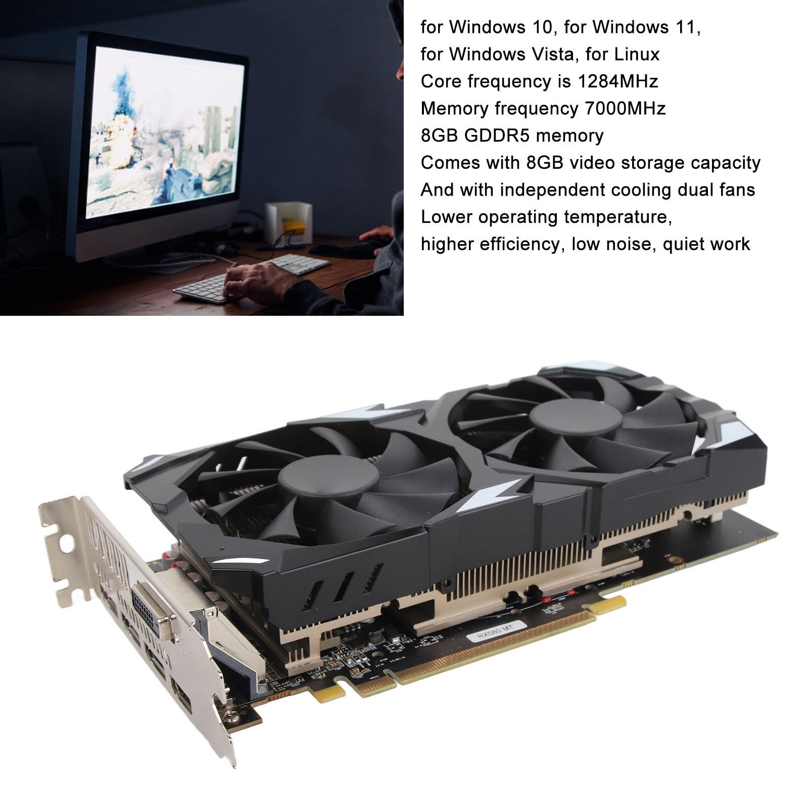 Acouto RX580 8 GB GDDR5 -Grafikkarten 256 -Bit -Support 3 DVI HD Multimedia Interface DirectX 12 Grafikkarten mit 2 Cooling -Lüfter RX580 8 GB GDDR5 256bit Die Unabhängigen Lüfter