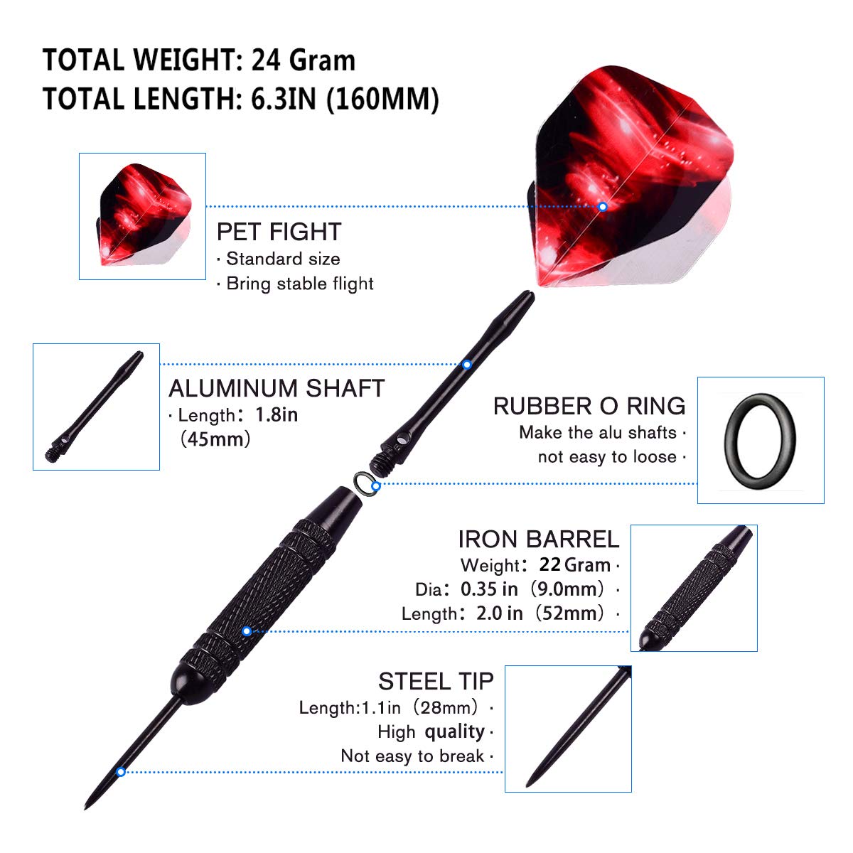 Flechettes Pointe Acier Set Fléchettes Hy-Pro 22g Avec étui - 6 Fléchettes Acier - Tiges Aluminium/plastique - Accessoires Inclus Flechette Professionnel