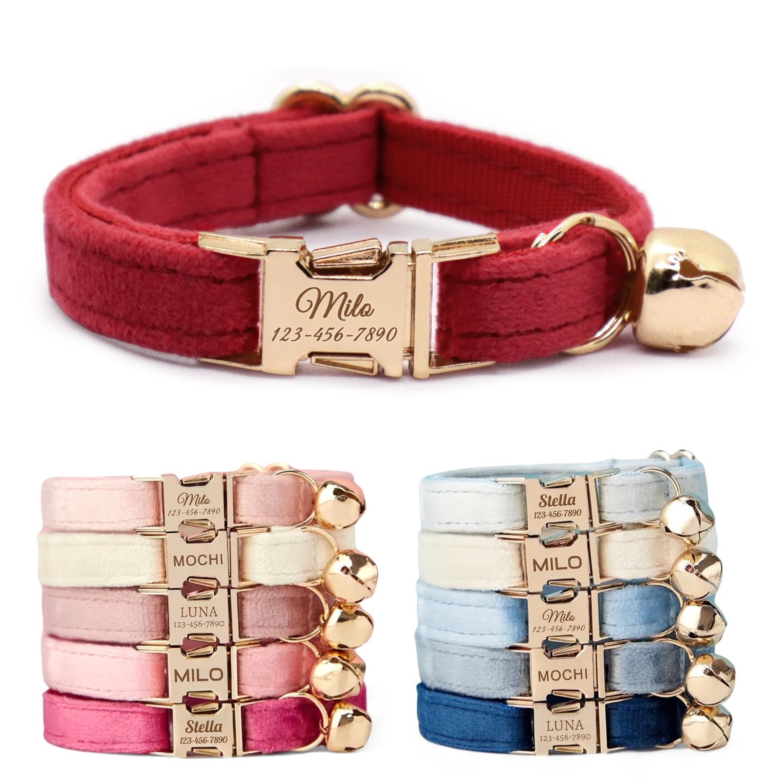 CHRYMPETIC Non-Breakaway Velvet Personalised Cat Collar with Name - Customisable Collar with Bell & Bow Tie Available (Red)