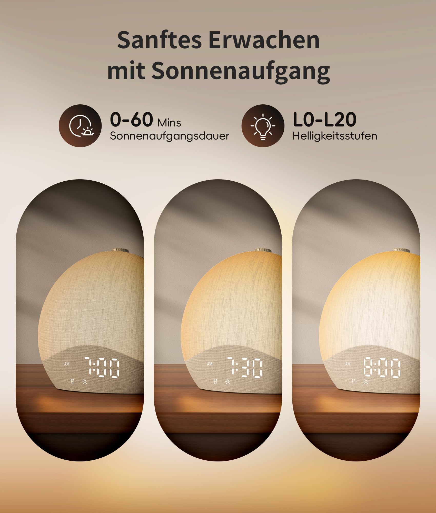 ecozy Tageslichtwecker, Bluetooth-Zeitsynchronisierung, Lichtwecker | 26 Schlafklänge, 17 Nachtlichter, Weißes Rauschen, Baumwoll-Leinen, Sonnenaufgang Wecker für Tiefschläfer/Kinder/Schlafzimmer