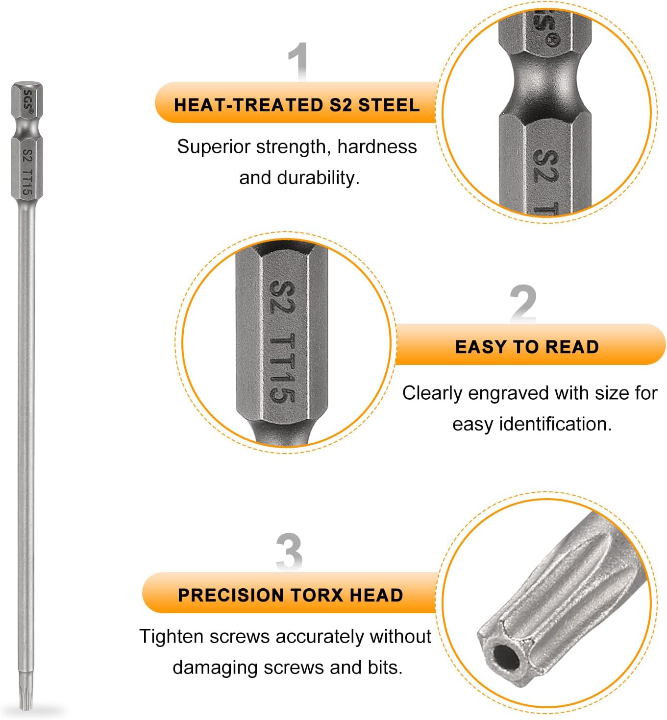 HARFINGTON 3pcs TT15 Security Torx Head Screwdriver Bit 6" (150mm) Long 1/4" Hex Shank Magnetic Tamper Proof 6 Point Star Screw Driver Drill Bits S2 Steel Hole Tip Industrial Power Tools