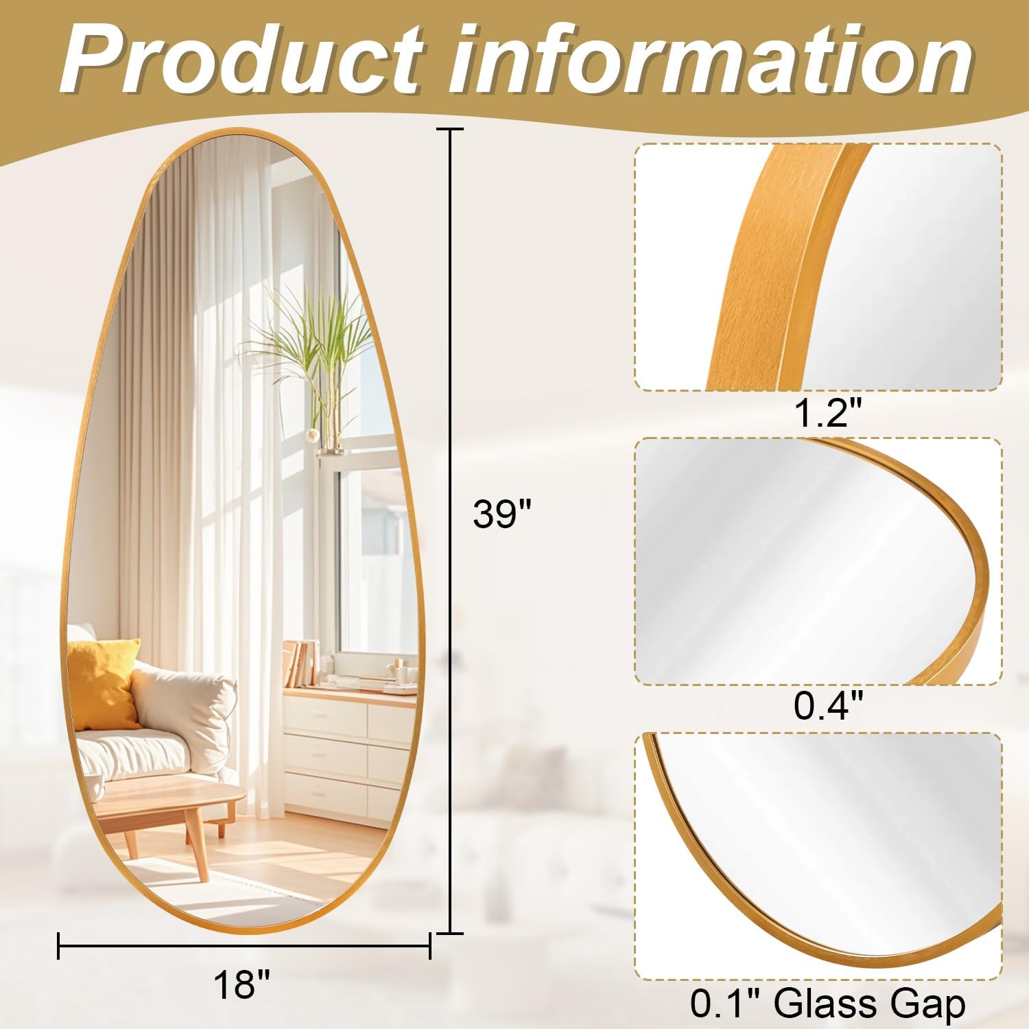JJUUYOU Wall Mirror Irregular Metal Framed Decorative Gold Mirrors Large 39" X 18" Asymmetrical Modern for Bedroom Living Room Entryway Hallway Hanging Home Decor