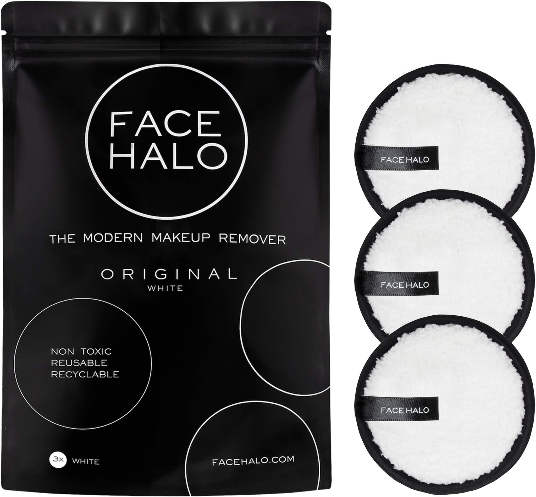 Face Halo Original Makeup Remover, Eco-Friendly, Reuseable, Vegan Friendly, White, Set of 3 (Pack of 1)