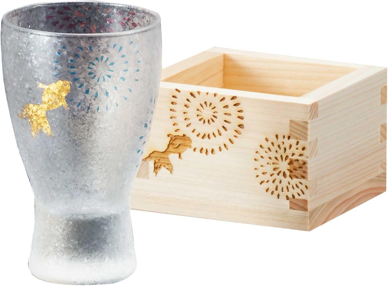 Aderia Japan Premium Fireworks MasuZake Glass (Japanese Sake Glass) w/Masu Box Gold Fish 6690