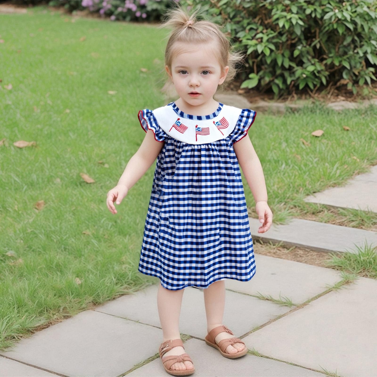 Ursobutegl Toddler Baby Girls 4th of July Outfit Embroidery American Flag Striped Sleeveless Dresses Independence Clothes (Blue, 2-3 Years)