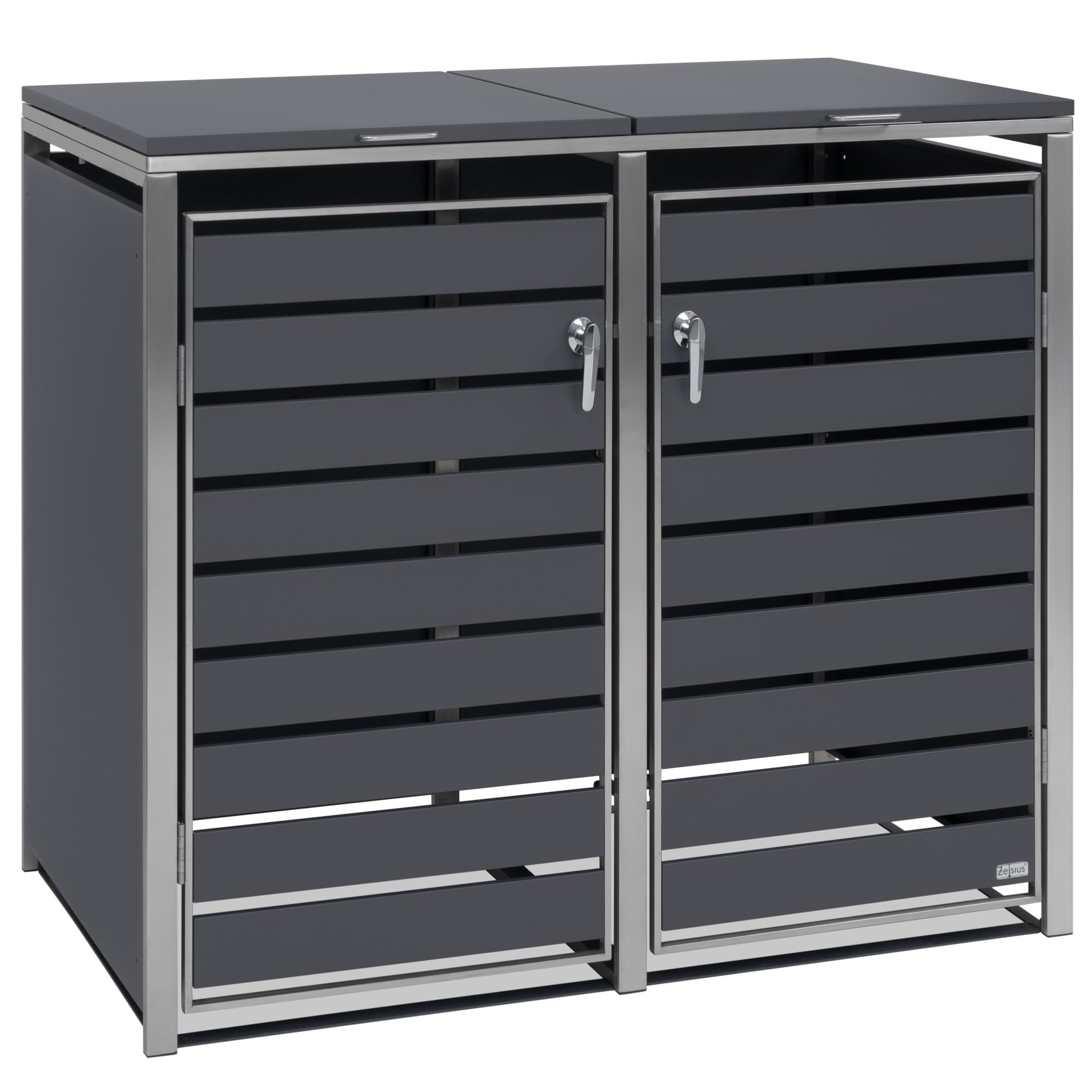 Zelsius Edelstahl Mülltonnenbox 2er Mülltonnen | (B) 132 x (T) 80 x (H) 117 cm | Anthrazit RAL7016 | inkl. Erweiterungsmöglichkeit | Mülltonnenverkleidung, Garten Müllbox, Müllhaus