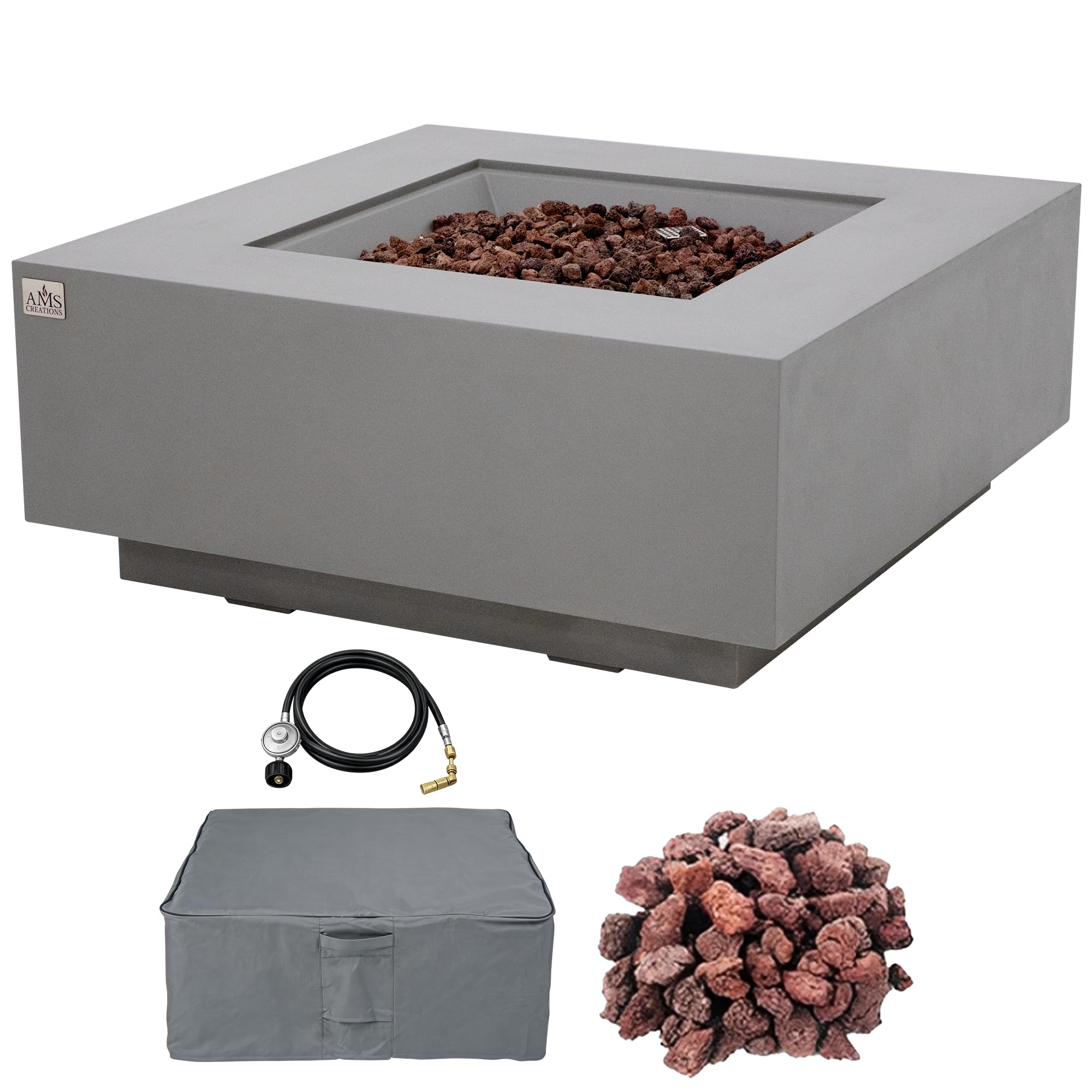 AMS 40" Square Concrete GFRC Natural Gas Fire Pit Table (Light Gray)