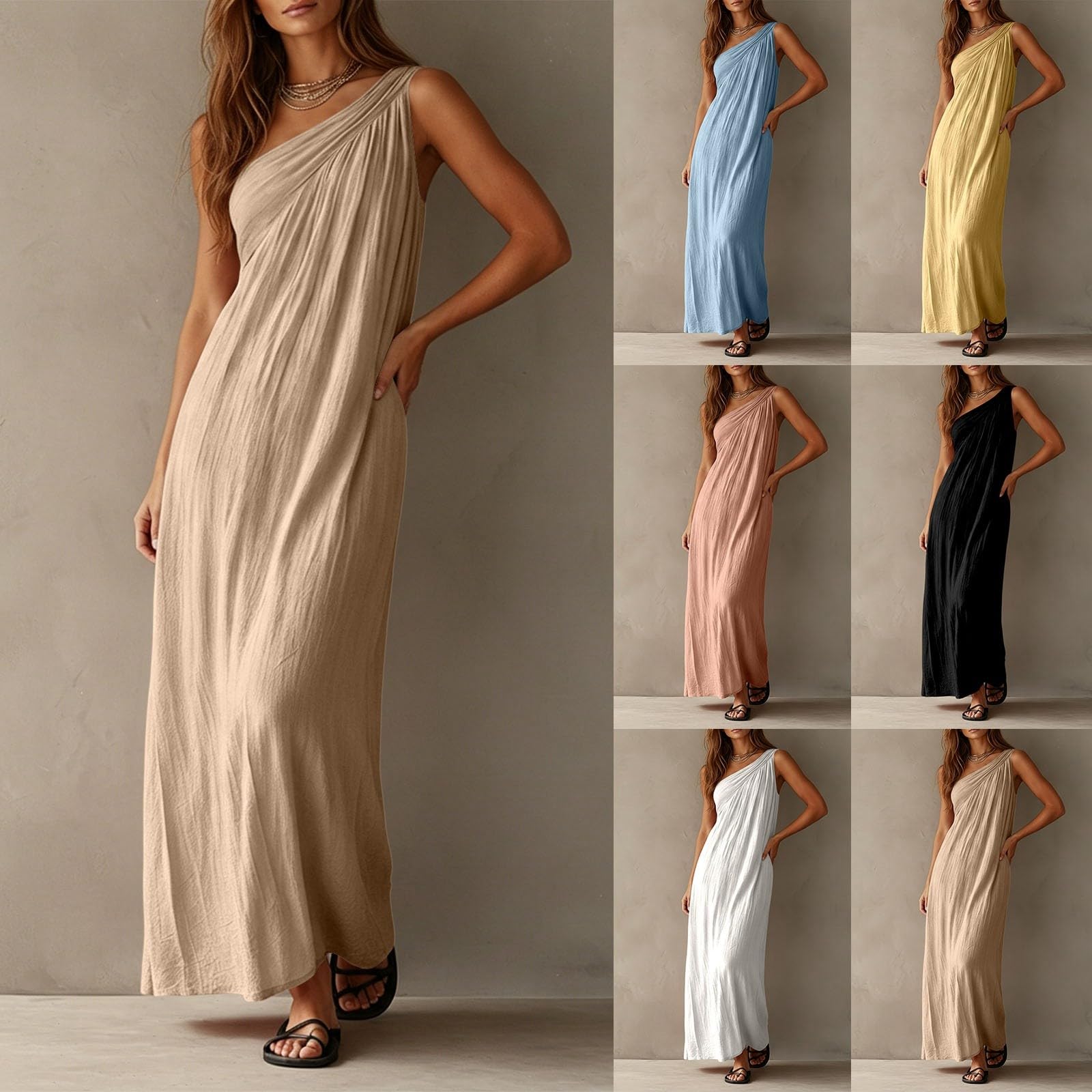 Vestido de verano para mujer, sin mangas, cuello asimétrico, vestido de playa, fino, de secado rápido, vestido largo de muselina, vestido elegante con tirantes, vestido midi para vacaciones y lounge