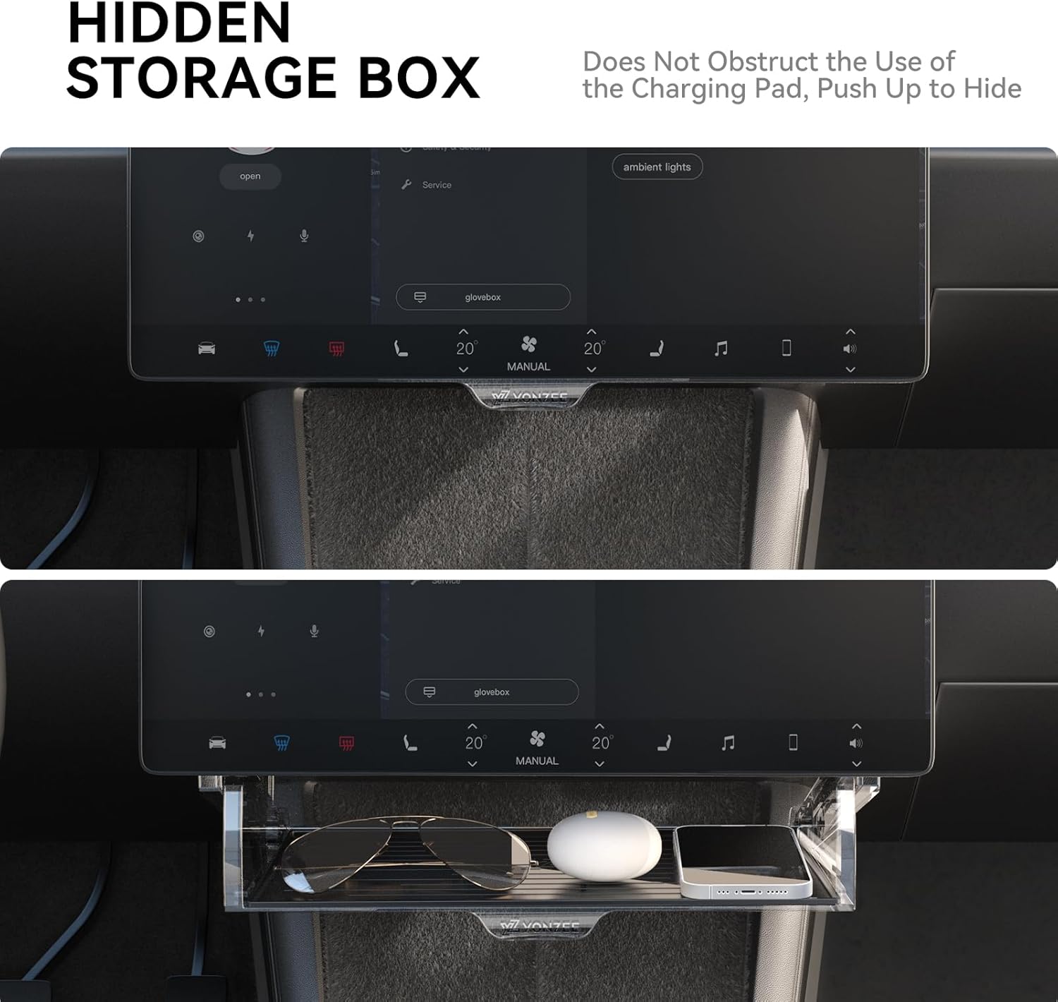 YONZEE Under Screen Storage for Tesla Model Y Juniper & Model 3 Highland 2025-2024,Magnetic Hideable Center Console Organizer Tray,Easy Install