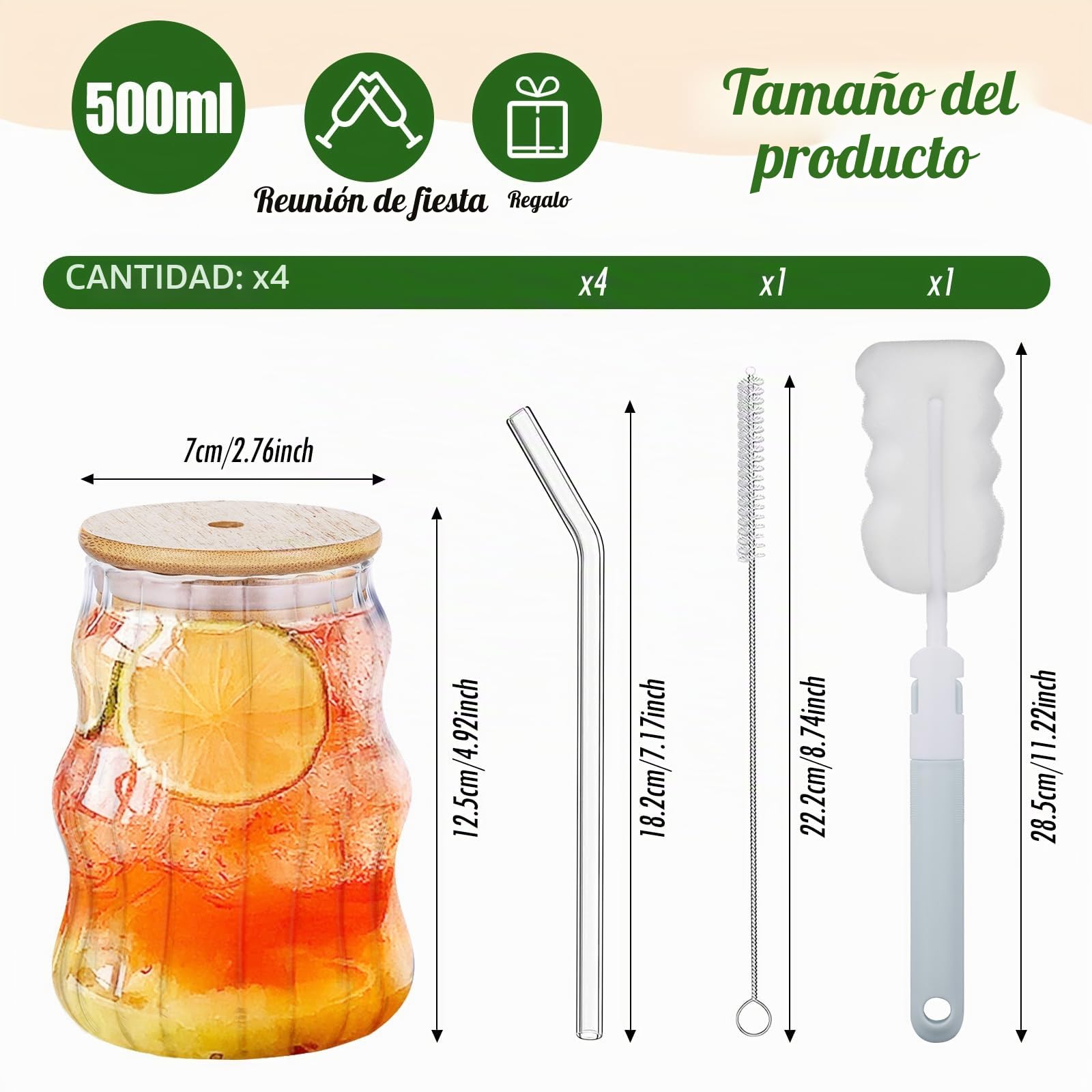 Juego de 4 Vasos de Cóctel, 500ML Tazas de Café de Cristal con Tapa y Pajita Reutilizable, Vasos de Jugo, Vasos Largos, para CóCteles/Whisky/Cerveza/Café Helado/Leche/Latte/Macchiato