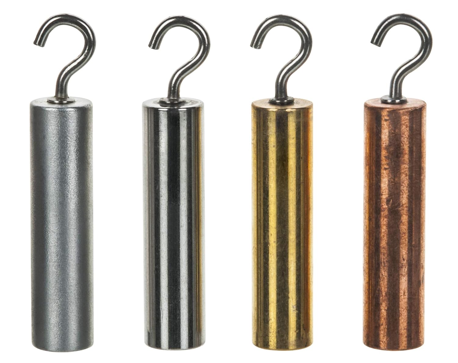 EISCO 4pc Hooked Metal Cylinders Set - Brass, Aluminum, Steel & Copper - 2" x 0.5" - for Density Investigation, Specific Gravity & Specific Heat Experiments