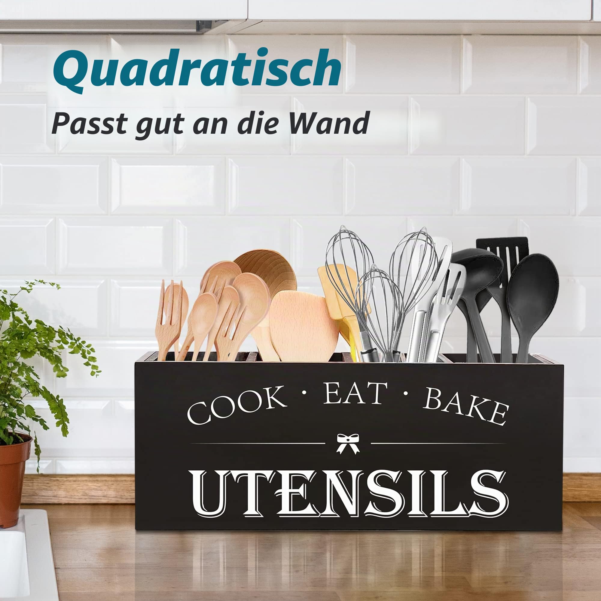 Suli Upgrade Extra großer Küchenutensilienhalter mit 4 Fächern, Holz-Utensilien-Organizer für Küchenarbeitsplatte, Bauernhaus-Küchendekoration, rustikale Kochutensilien – Schwarz