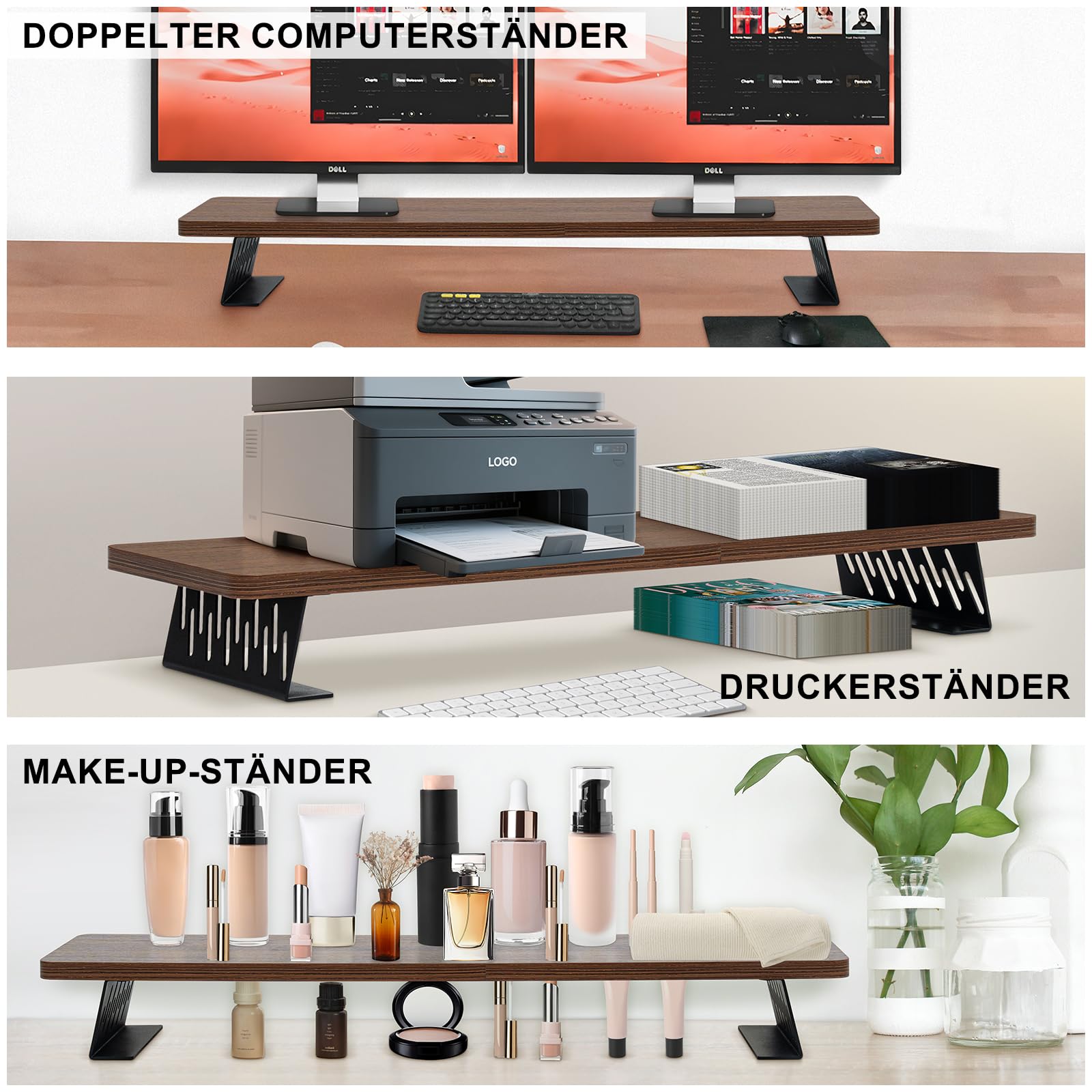 Monitorständer Holz 80cm mit Metallfüße, Braun, für Laptop PC TV
