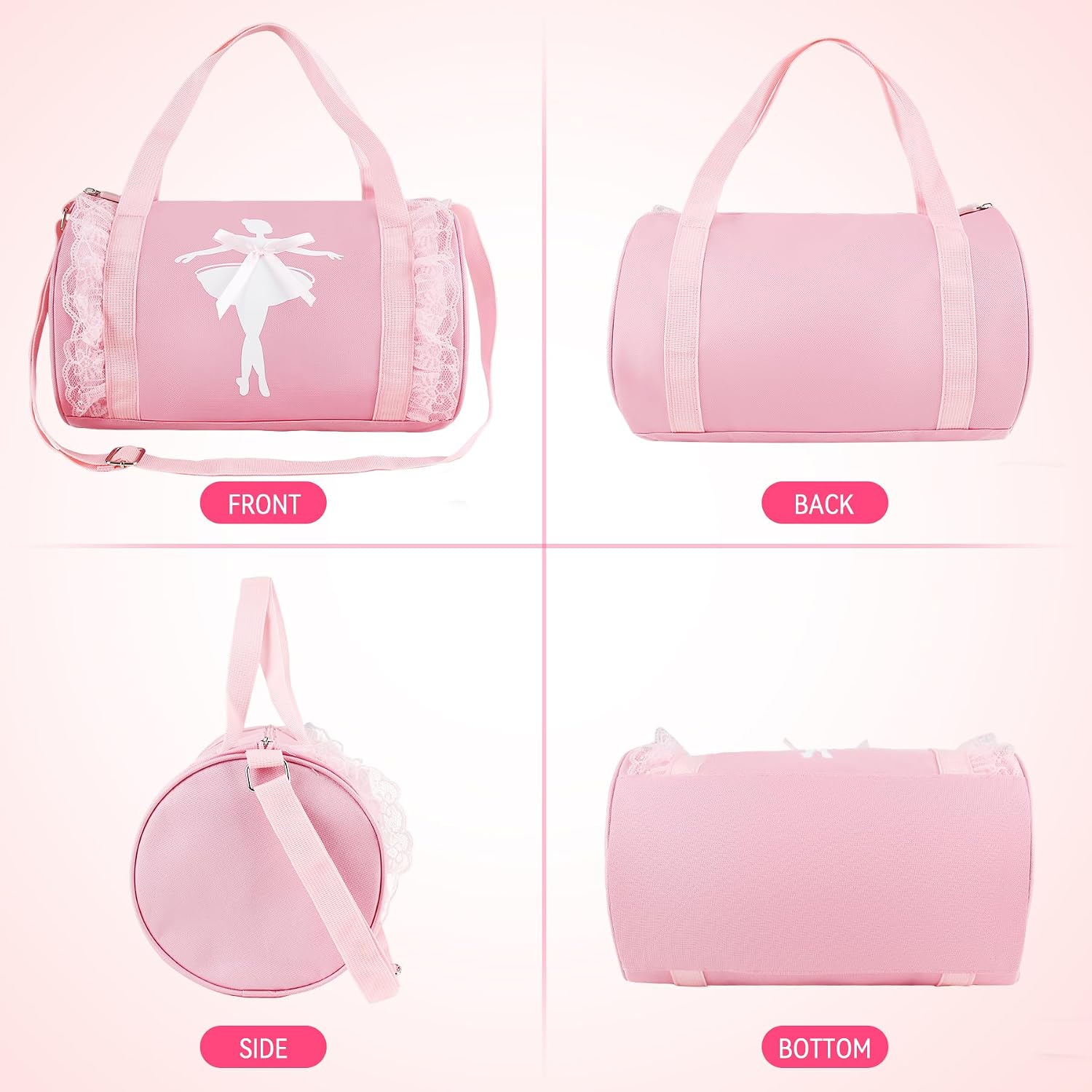Dance Bag for Girls, Pink Dance Bag for Girls, Girls Dance Bag Lightweight Water Resistant for Ballet Cheerleading Sleepovers Gymnastics with Adjustable Straps