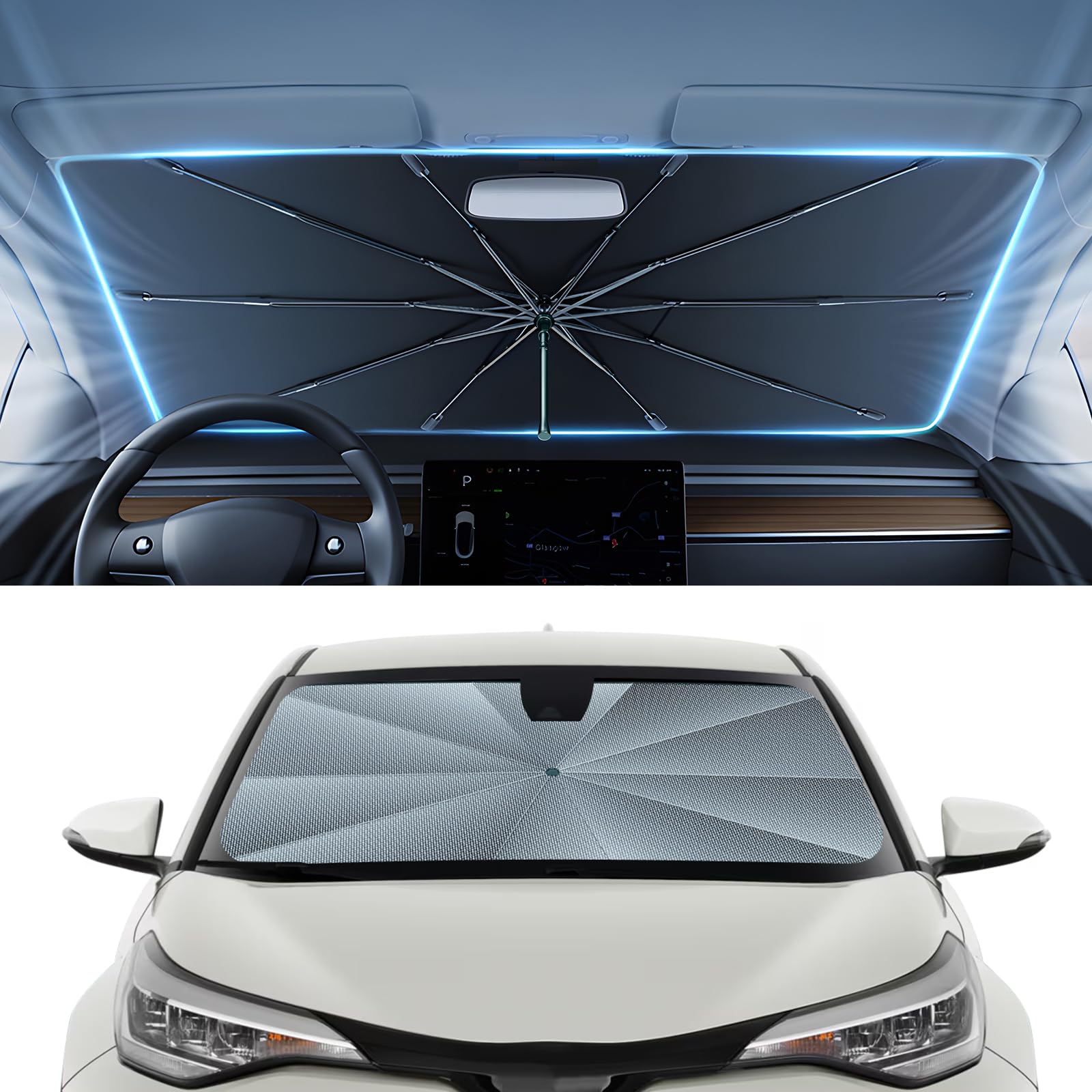 Autorder Windshield Sun Shade Umbrella for 2018-2023 Toyota C-HR CHR Accessories,Upgraded Ice Crystal Material,Easy Setup Umbrella Sunshade for Car Windshield,100% Sun Blocking
