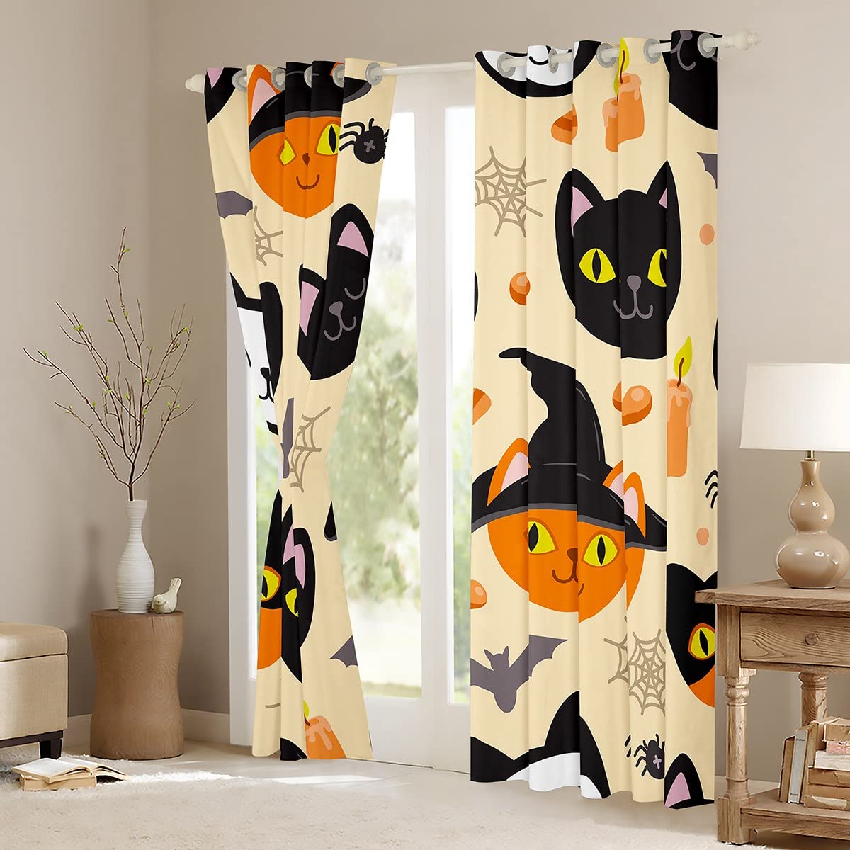 Zasłony na Halloween do sypialni salonu urocza dynia czarne koty zaciemnienie sosy Halloween motyw kołdra pokrowiec zestaw cukierek lub psikus pająk dekoracje okienne szer. 46 x dł. 54