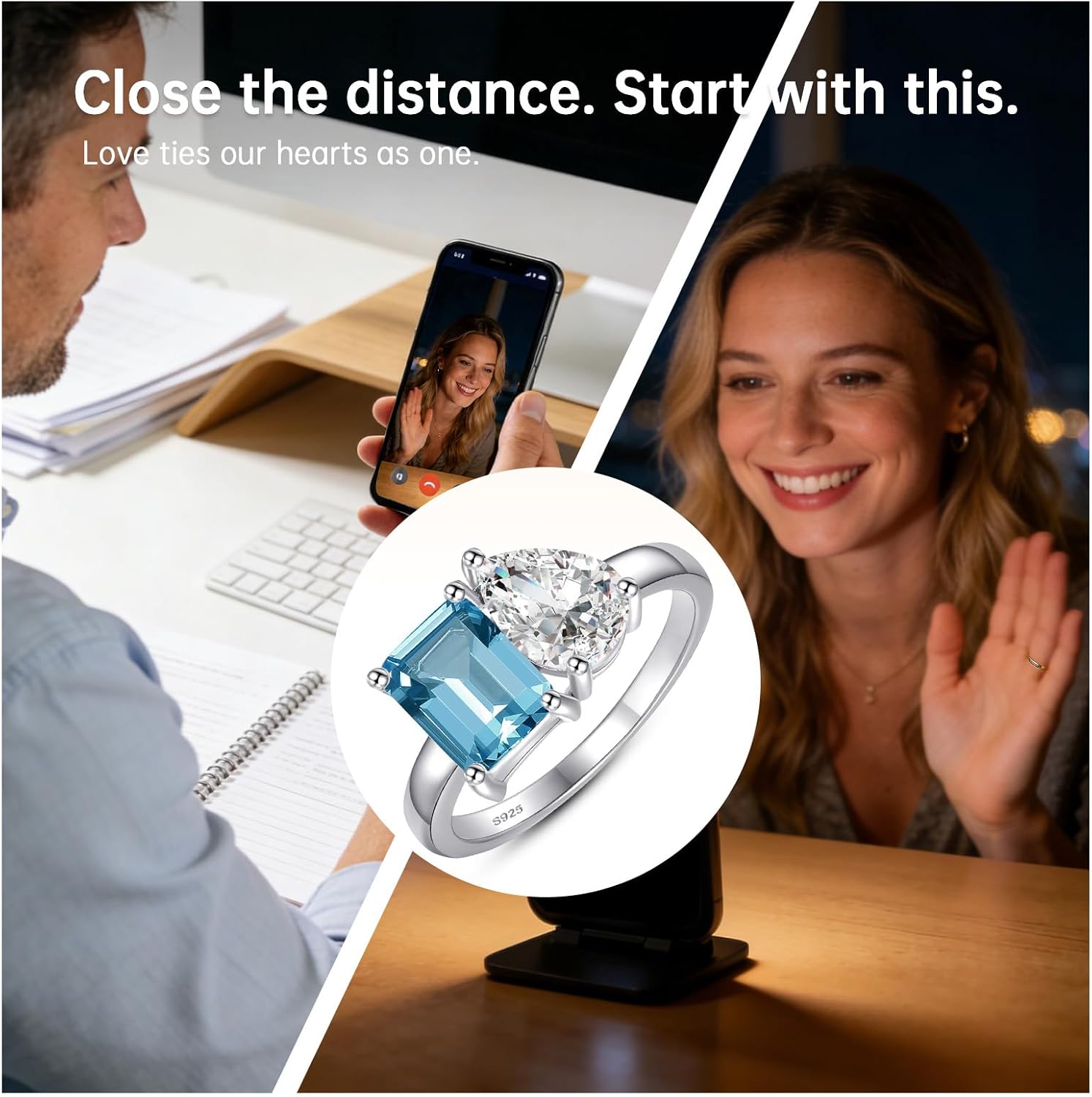 Toi Et Moi 925 Sterling Silver Women Engagement Ring 14K Gold Plated 1.5ct 6x8mm Double Stone Emerald & Pear Aquamarine Cut Wedding Band Width 2mm Size 5-9 - Image 4