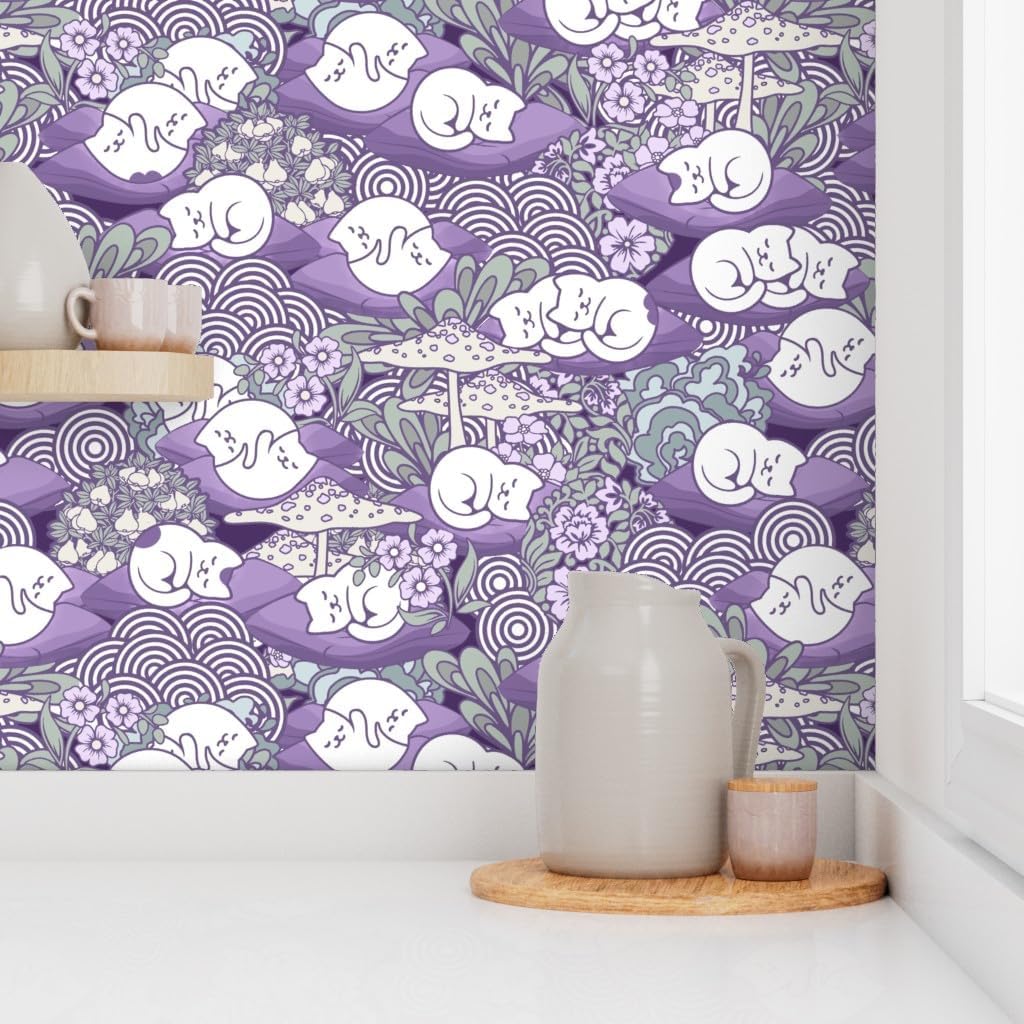 Peel & Stick Wallpaper 3ft x 2ft - Sleeping Cats Whimsical Purple Gray Toadstools Kawaii Kittens Custom Removable Wallpaper by Spoonflower