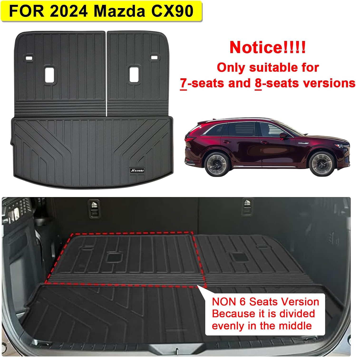 Large Cargo Liners with Backrest Mat for 2024 2025 Mazda CX90 CX-90 7&8 Seats(Not for 6 Seats), TPE All Weather Protection Trunk Mat with Velcro Rear Seats Backrest - Image 2