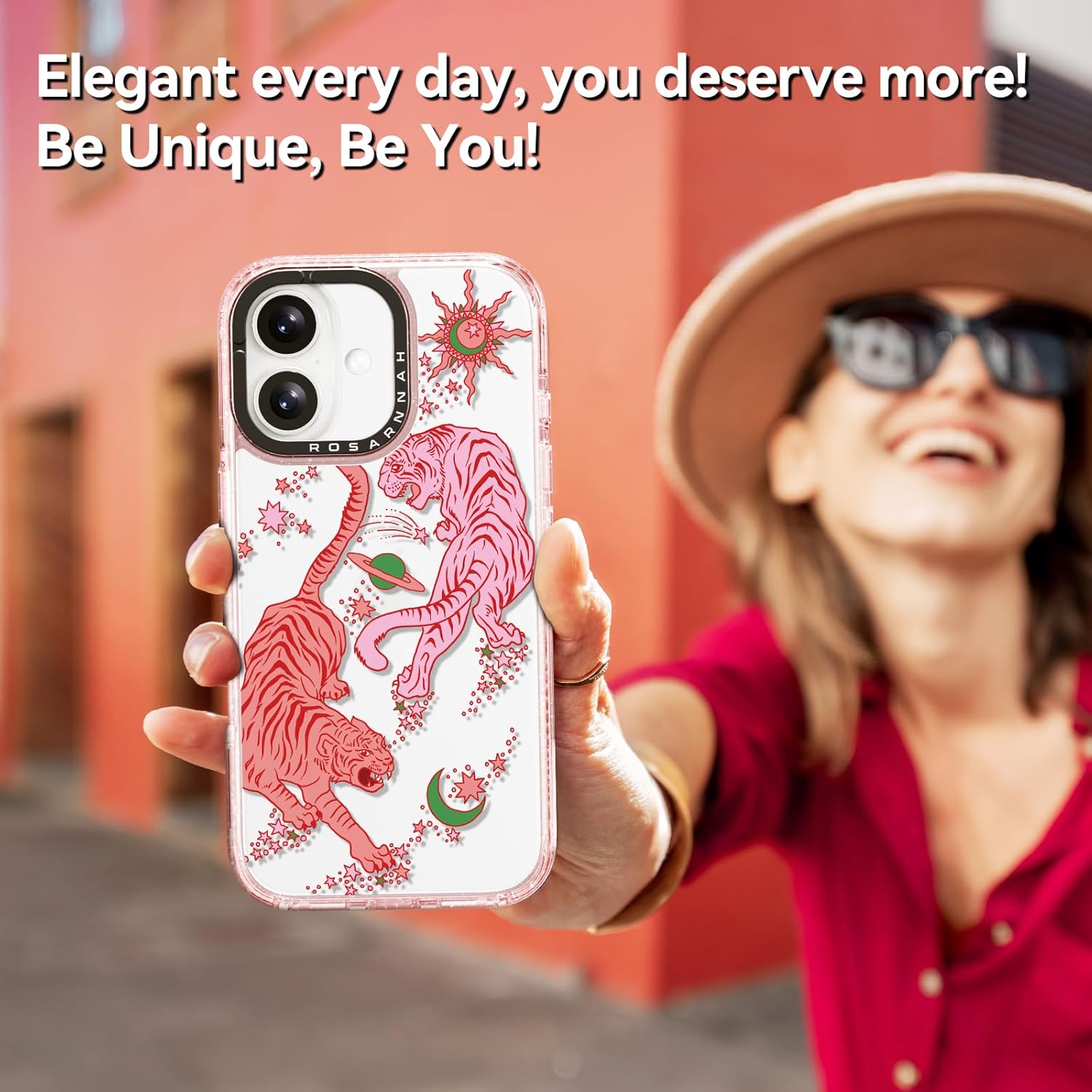 Rosarnnah for iPhone 16 Case Cute - Durable Shockproof 6.6 ft Drop Impact Phone Case - Funny Tiger Design (6.1") Glitter Pink