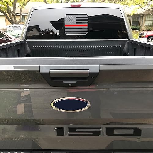 Miniatura 2 de Calcomanías para Ford F150 2015-2023, calcomanías de bandera estadounidense para ventana trasera media, color negro mate, línea roja, calcomanías de