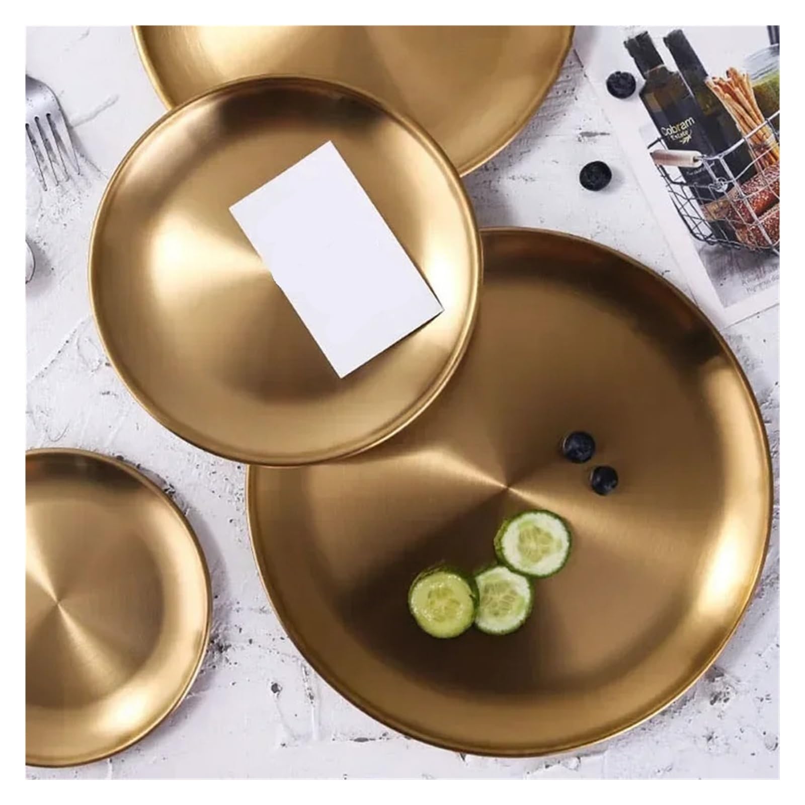 Bandeja Perfumes Bandeja de Almacenamiento Acero Inoxidable Dorada, Plato Redondo latón Dorado, exhibición Joyas for postres, Frutas y Aperitivos(Diameter 17 cm)