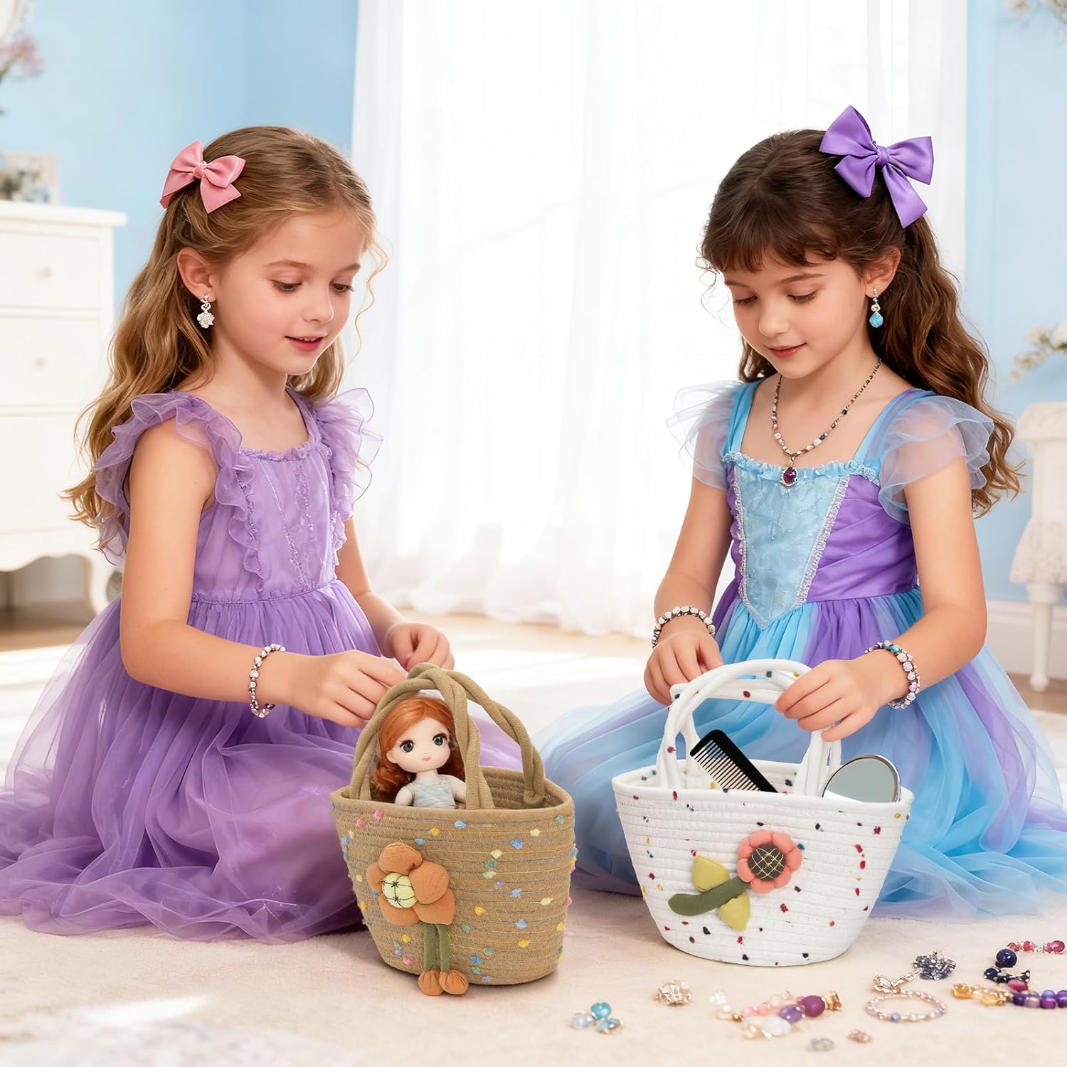 Dicunoy 2 PCS Little Girls Purses, Small Flower Handbags with Handles, Cute Easter Cotton Woven Beach Boho Bags for Princess, Outdoor Activities, Gift - Image 7