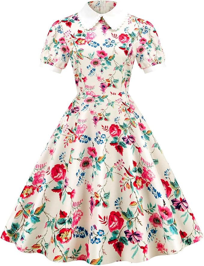 Amazon Hostingg ロングワンピース 春夏 ロカビリードレス 50年代 レトロワンピース 半袖 Aライン 膝丈 結婚式 パーティー 通勤 通学 カジュアル 可愛い 春夏 スイングワンピース レディース ファッション きれいめ 旅行 お呼ばれ 結婚式 ドレス イブニングドレス 通販