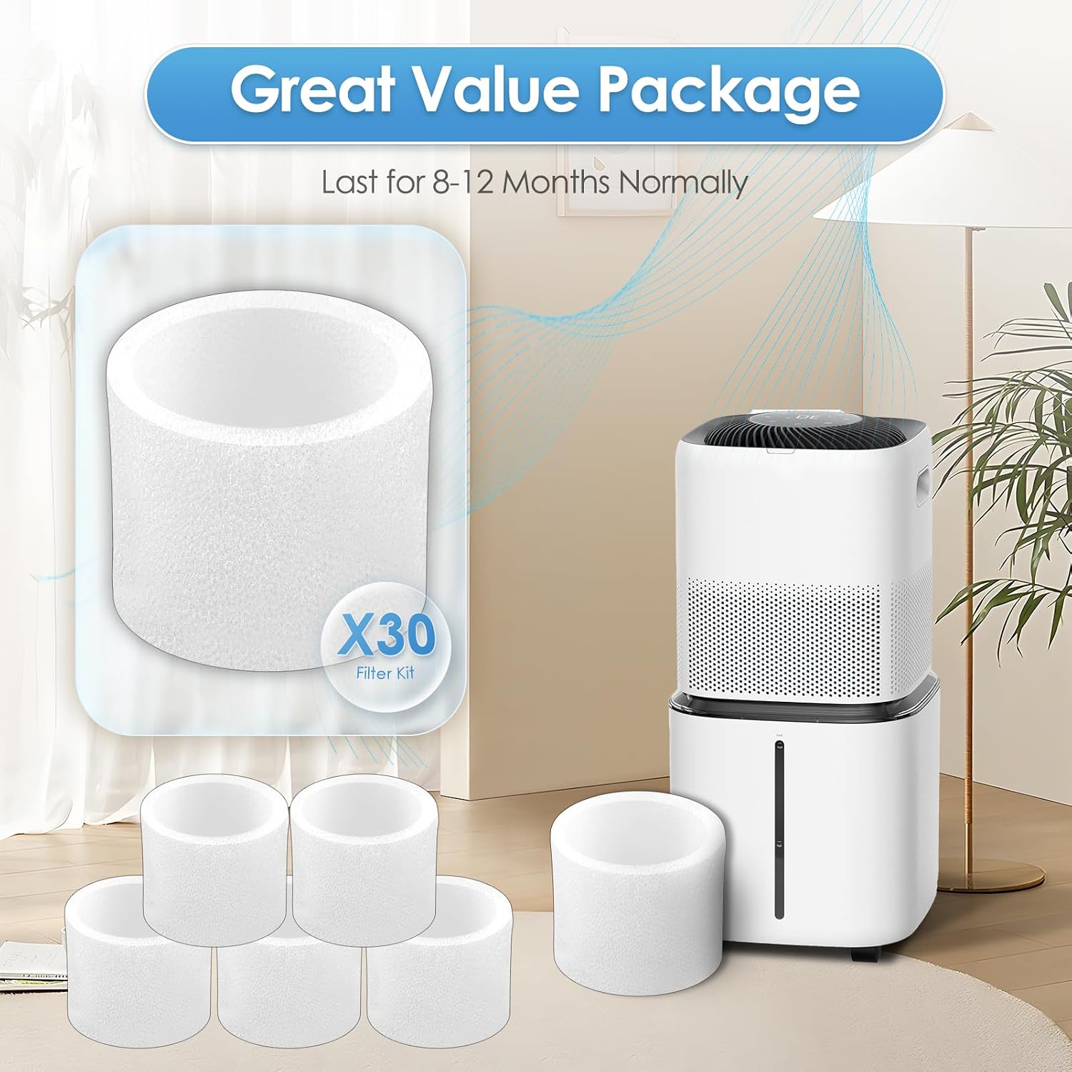 (30 Pack) Top Fill Humidifier Replacement Filters for LEVOIT Classic160, Dual150, Dual200S, Classic300, Classic300S, LV600S, OasisMist450S, Superior6000S Series Humidifiers Sponge Water Filter