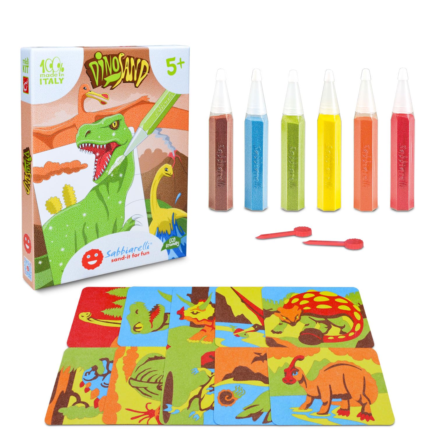 Sabbiarelli Sand-it For Fun – Kit Dinosand 5+ | Kit di Sand Art a Tema Dinosauri 100% Made in Italy con Sabbia Colorata, Disegni Adesivi e Accessori | Lavoretti Creativi per Bambino 5-12 anni