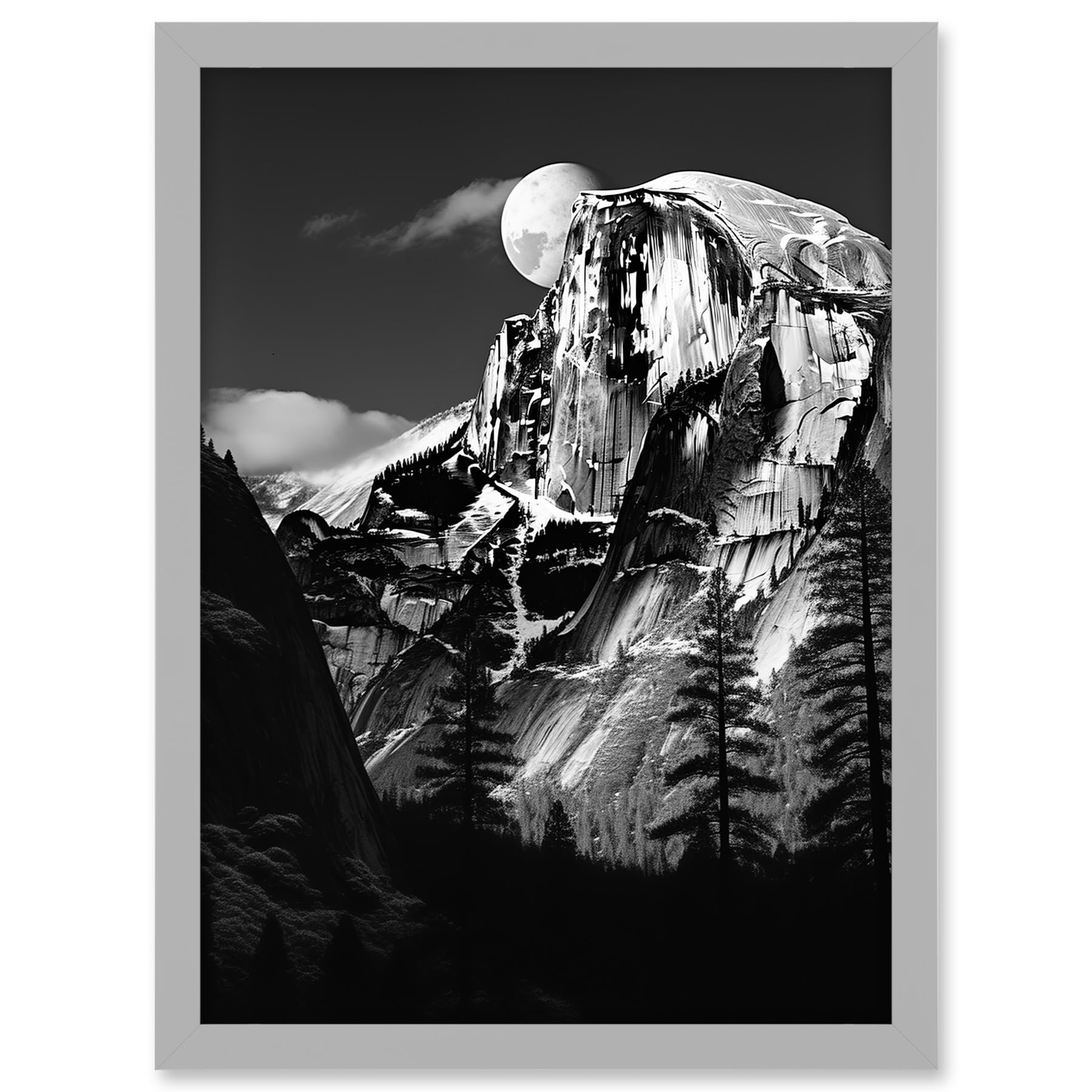 Moonrise Behind Half Dome High Contrast Black White Photograph Yosemite National Park Full Moon and Mountain Forest Landscape Artwork Framed A3 Wall Art Print