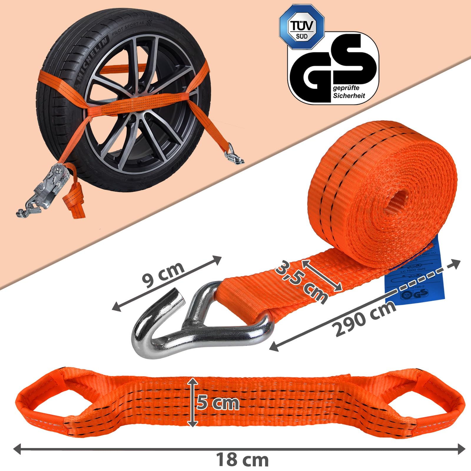 Correas tensoras de Rueda 4 Piezas 2,9 m Cintas de Amarre para el Transporte de Coches 2000 Dan 50mm DIN EN 12195-2
