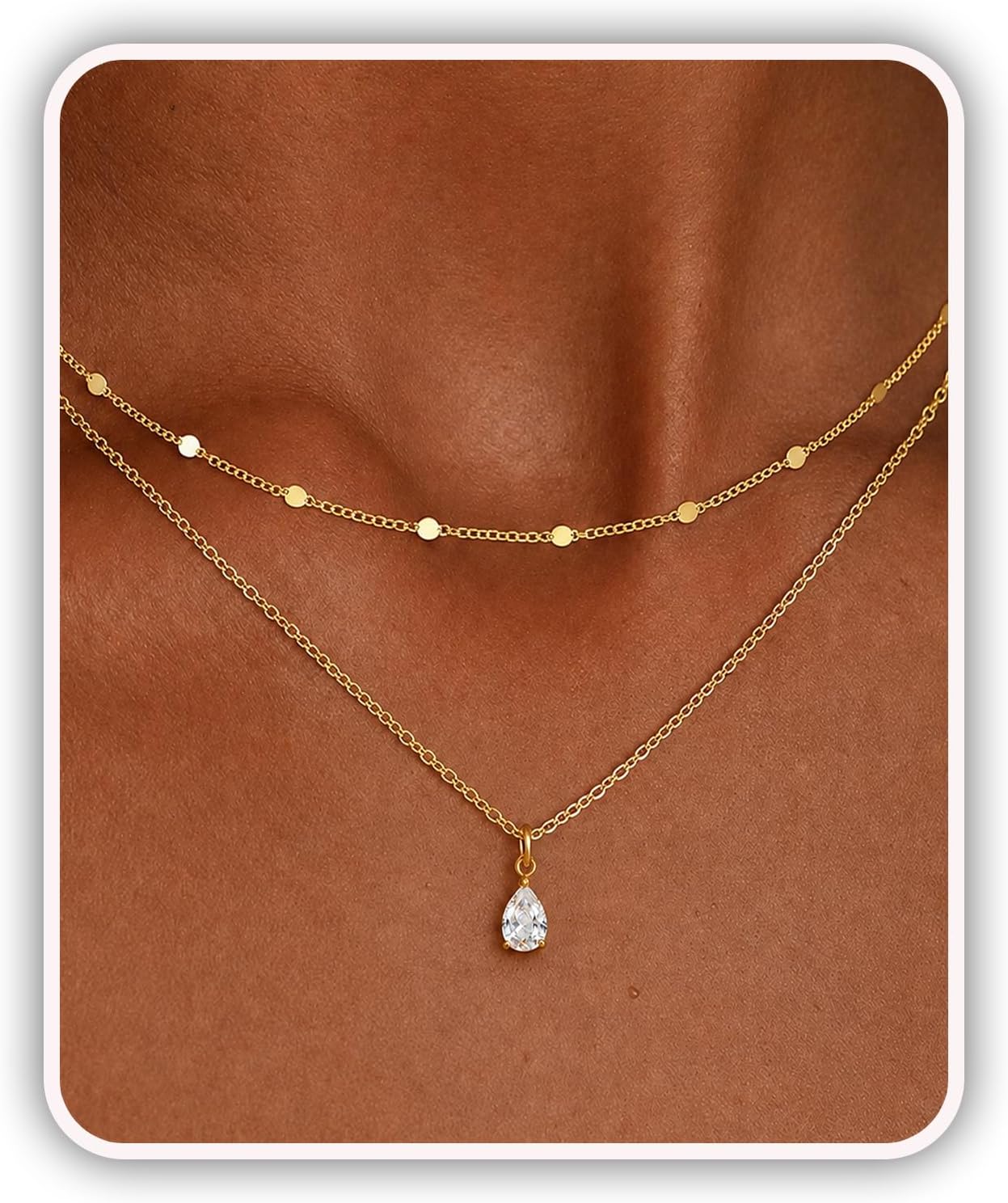 Layered Gold Silver Necklaces for Women 14K GoldPlated Dainty Teardrop CZ Pendant Necklace DoubleLayer Choker Necklace Minimalist Trendy Jewelry Gift for Women
