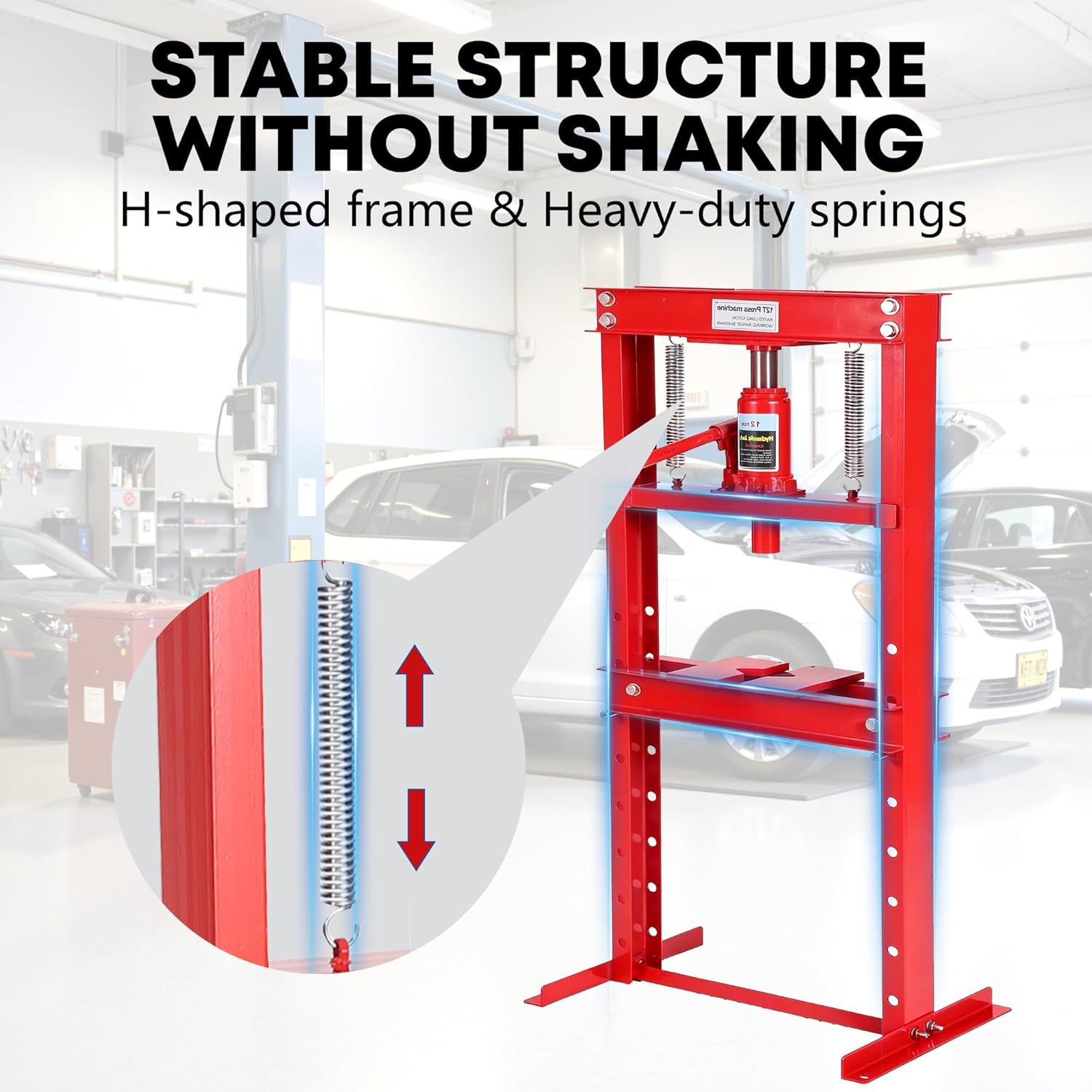 Heavy Duty 12-Ton Hydraulic H-Frame Shop Press, Adjustable Work Table with Stamping Plates, Professional Hydraulic Press for Auto Repair, Metalworking, Wheel Bearing & U-Joint – Red