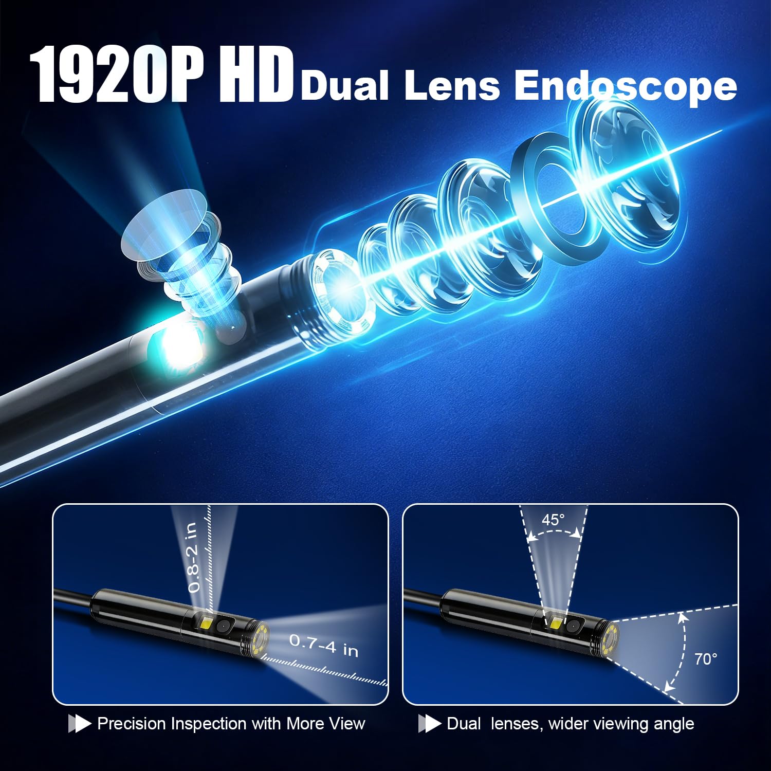 Caméra endoscopique avec lumière, 1920p à double objectif avec 8 lumières LED réglables, étanchéité IP67, endoscope d'inspection pour iPhone Android, caméra semi-rigide serpent de 5 m pour automobile