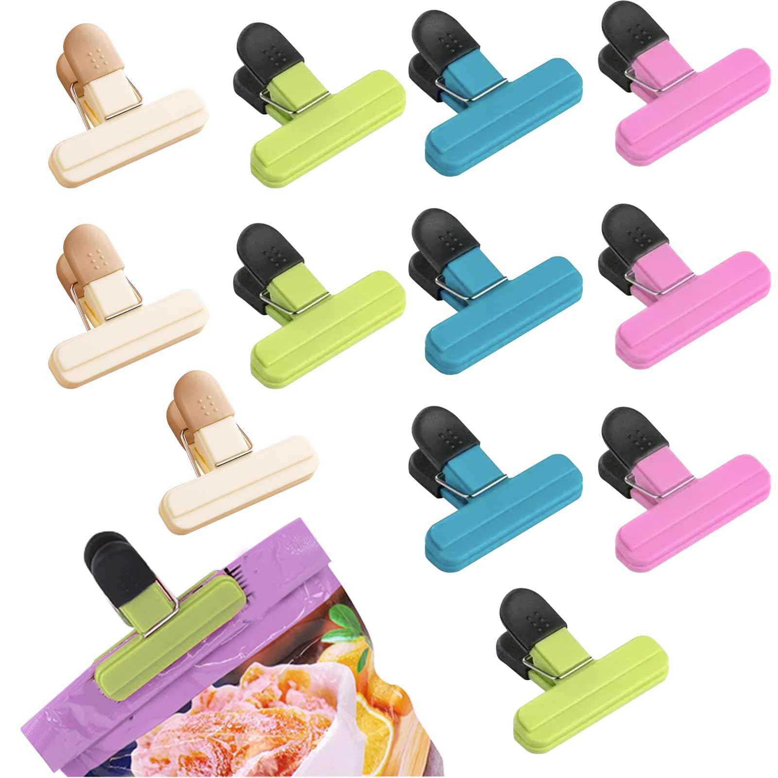 12 Pcs Food Bag Clips, 4 Colours Kitchen Storage Clips, Food Seal Clips for Snacks Coffee Home Office Travel Camping