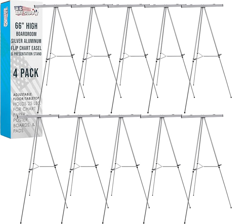 U.S. Art Supply 66" High Boardroom Classroom Silver Flip Chart Easel & Presentation Stand (10 Pack) - Adjustable Floor/Tabletop, Portable Tripod, Holds 25 lbs., for Chart Paper, Poster Boards, & Pads