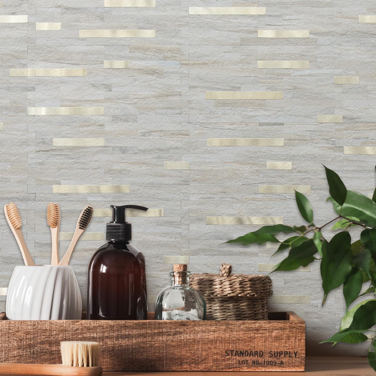 AULIGET 20 Blatt Kunststein zum Abziehen und Aufkleben, Beige Marmoroptik, PVC-Wandfliesen, zum Aufkleben auf Backsplash für Küche und Bad