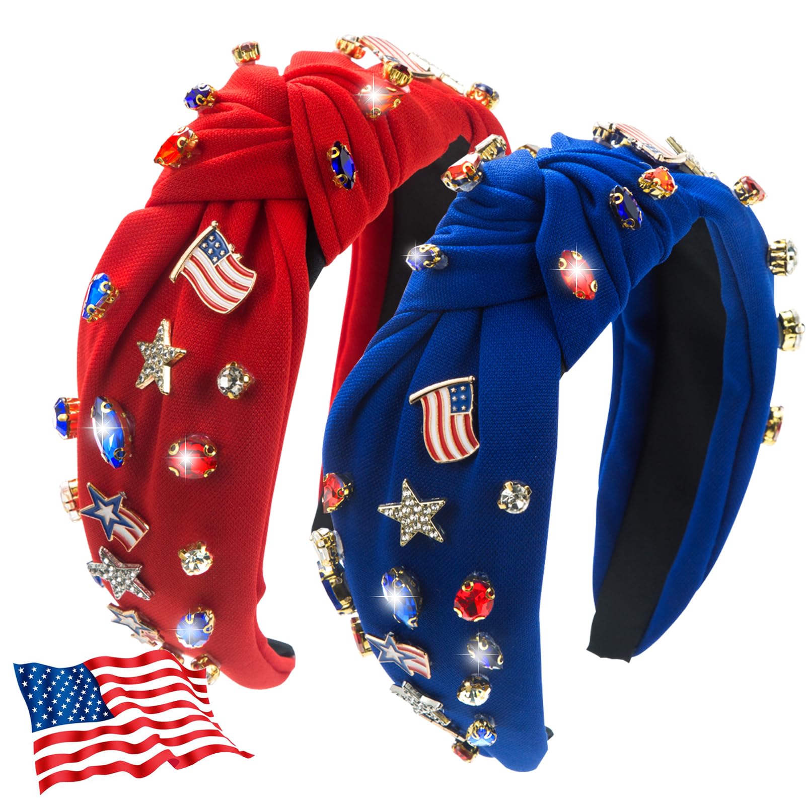IDDFEVE 2Pcs 4th of July Headband for Women, Rhinestone Knotted Design with USA Flag Star Hair Hoop, Patriotic Independence Day Memorial Day Wide Hair