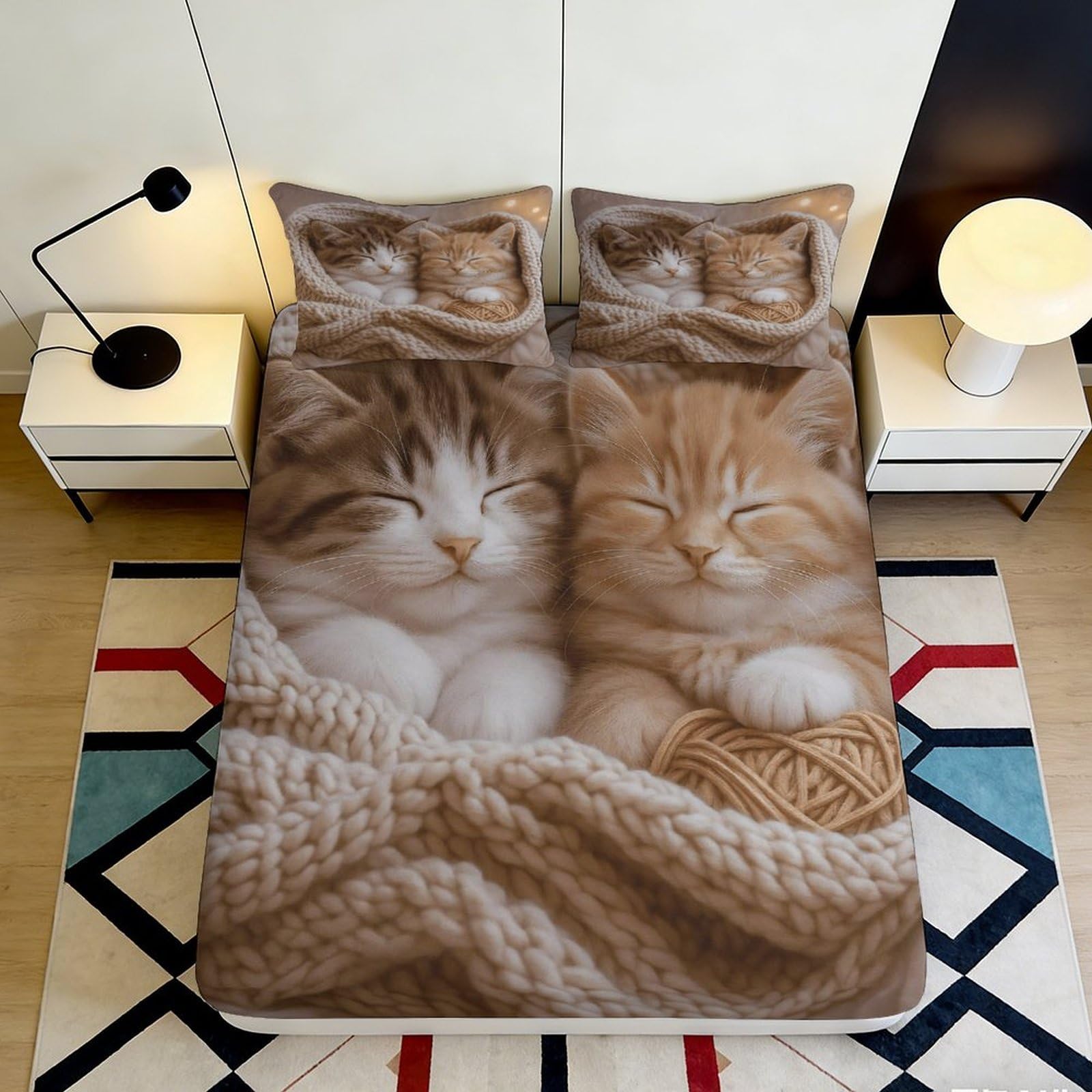 3D Printed Sleeping Cat Fitted Sheet Microfiber Soft Brown Tabby Kitten Bed Cover Bedroom Decor Mattress Protector 160x200x25cm