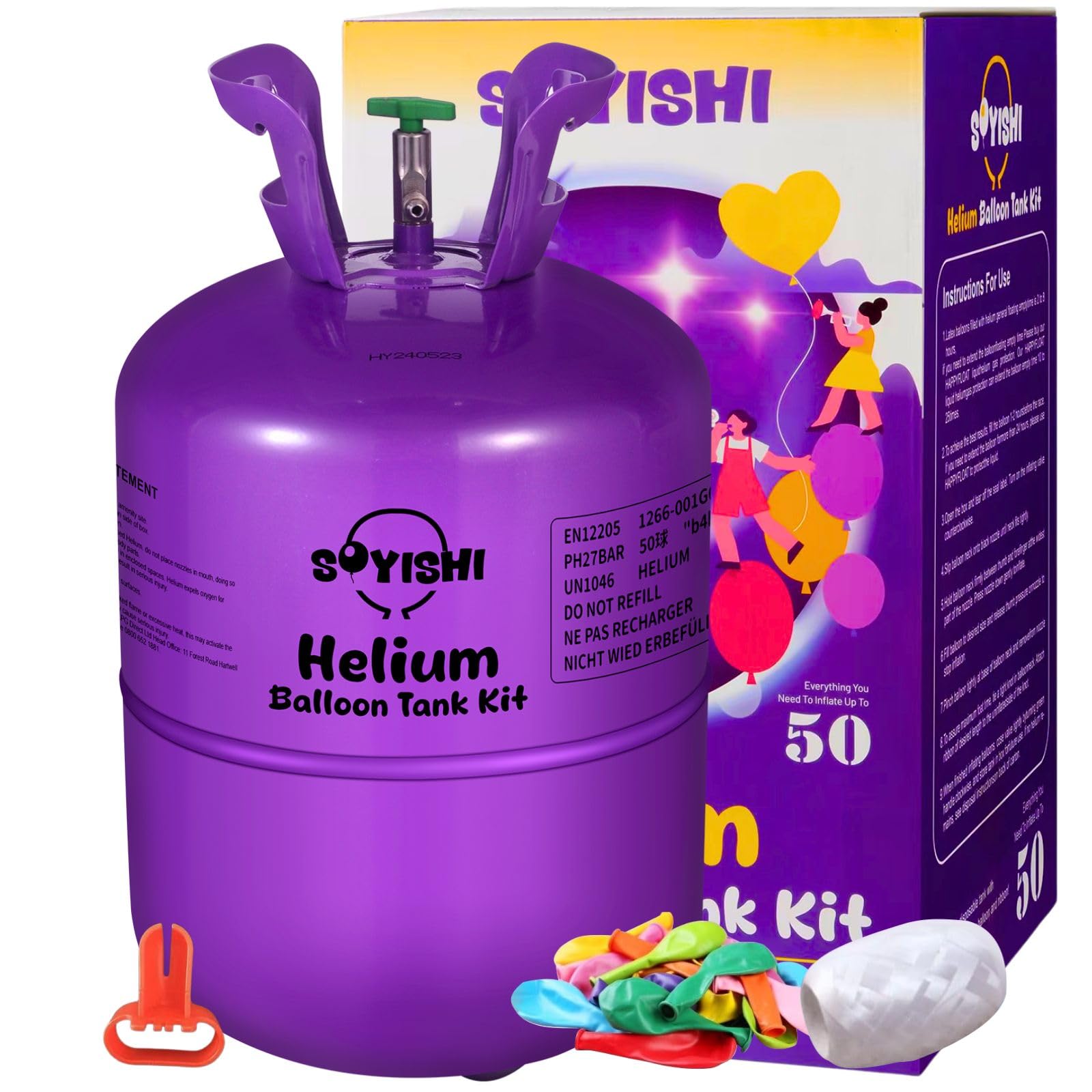 Helium Tank for Balloons At Home 13L Helium Balloon Pump Kit with 50 Assorted Latex Balloons, White Curling Ribbon and Wholesalehome Balloon Tie Tool
