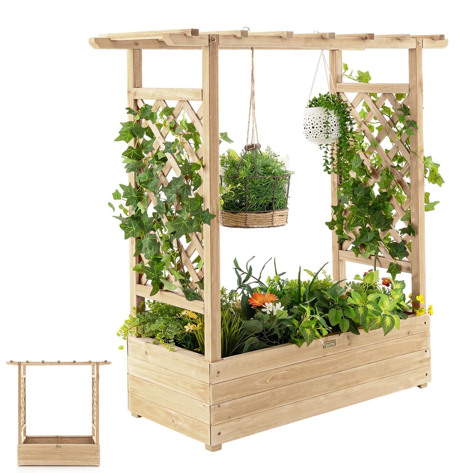 RELAX4LIFE Fioriera da Esterno con Traliccio Superiore e 2 Griglie Laterali, Orto Rialzato da Giardino in Legno di Abete con Drenaggio per Piante Rampicanti, Frutti e Fiori (Naturale, 110x44x114cm)