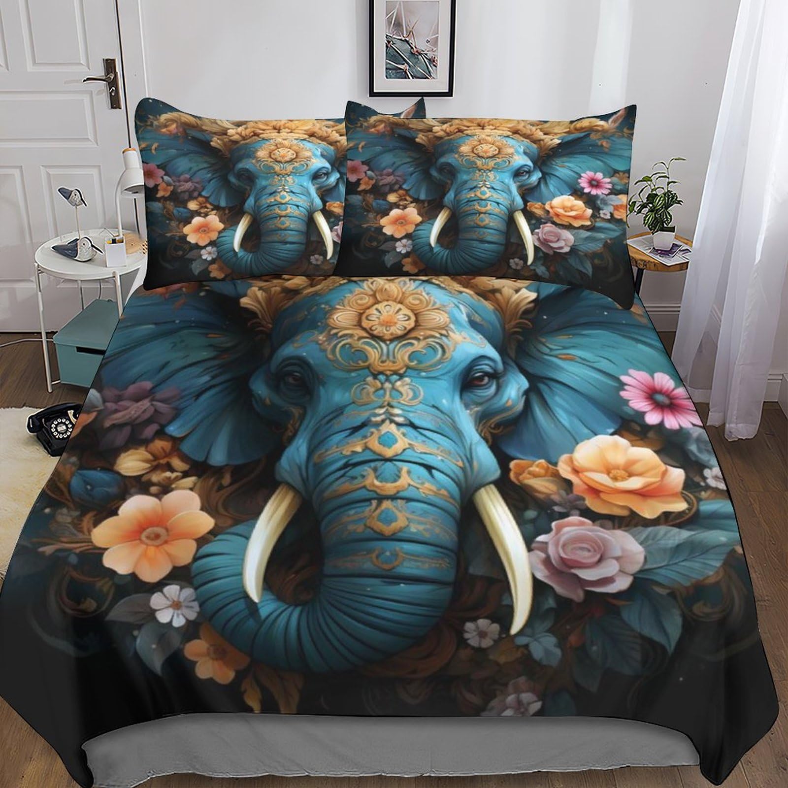 Dafufbw Boys Indian Elephant Hypoallergenic Bedding Set Cozy Bedspread 3D Printed Elephant Quilt Cover Double（200X200cm）, Microfiber Duvet Cover For Kids & Adults With Pillowcase