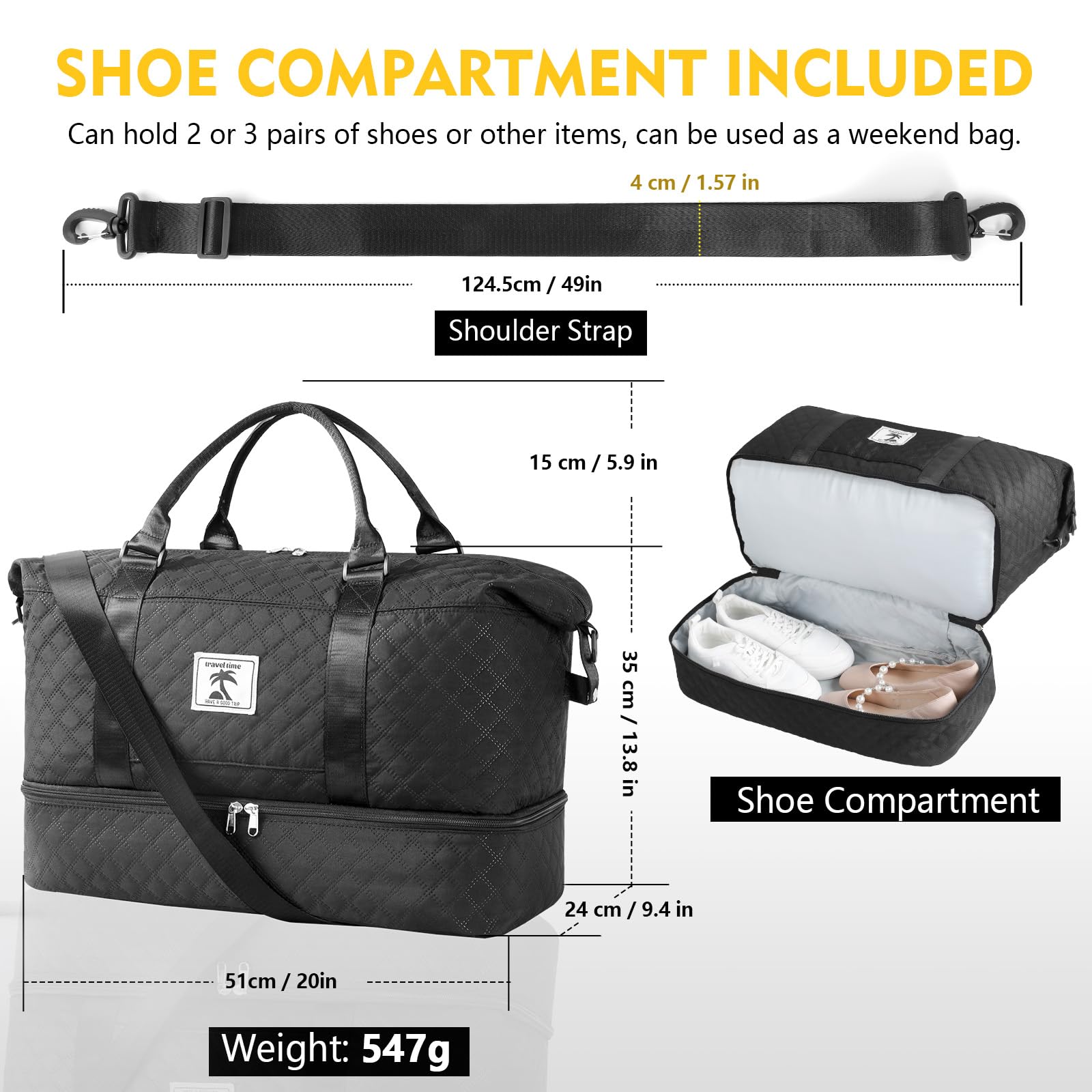 AiQInu Borsone da Viaggio 42L,Borsa da Palestra con Scomparto per Le Scarpe,57X32X23CM, Impermeabile Borsa per il Bagaglio Dell'aereo, Borsa per Ospedale,Borsa da Weekend per Uomini e Donne