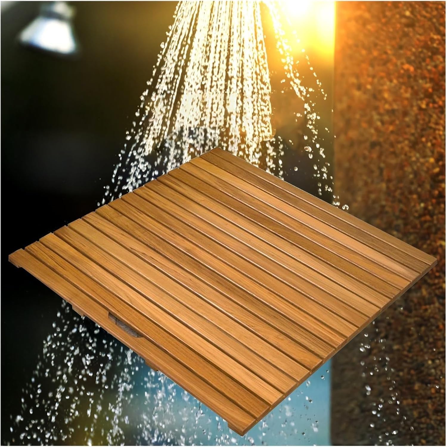 Tappetino da doccia in teak, antiscivolo, per interni ed esterni, perfetto per piscina, spa, sauna, patio, design elegante e resistente all'acqua
