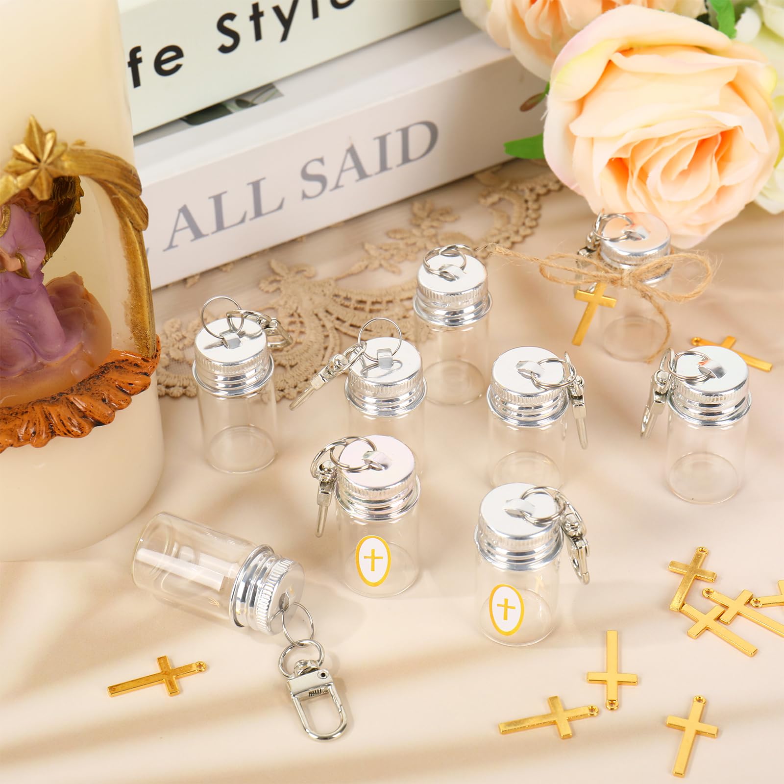 JarThenaAMCS Heilige Flasche, Taufgeschenke mit Organza-Beuteln, Goldkreuz-Aufkleber, 7 ml, leer, Glas, Heiliger Behälter, Wasserflasche für christliche Taufe, Geschenke, Kirche, Hochzeit, Taufe